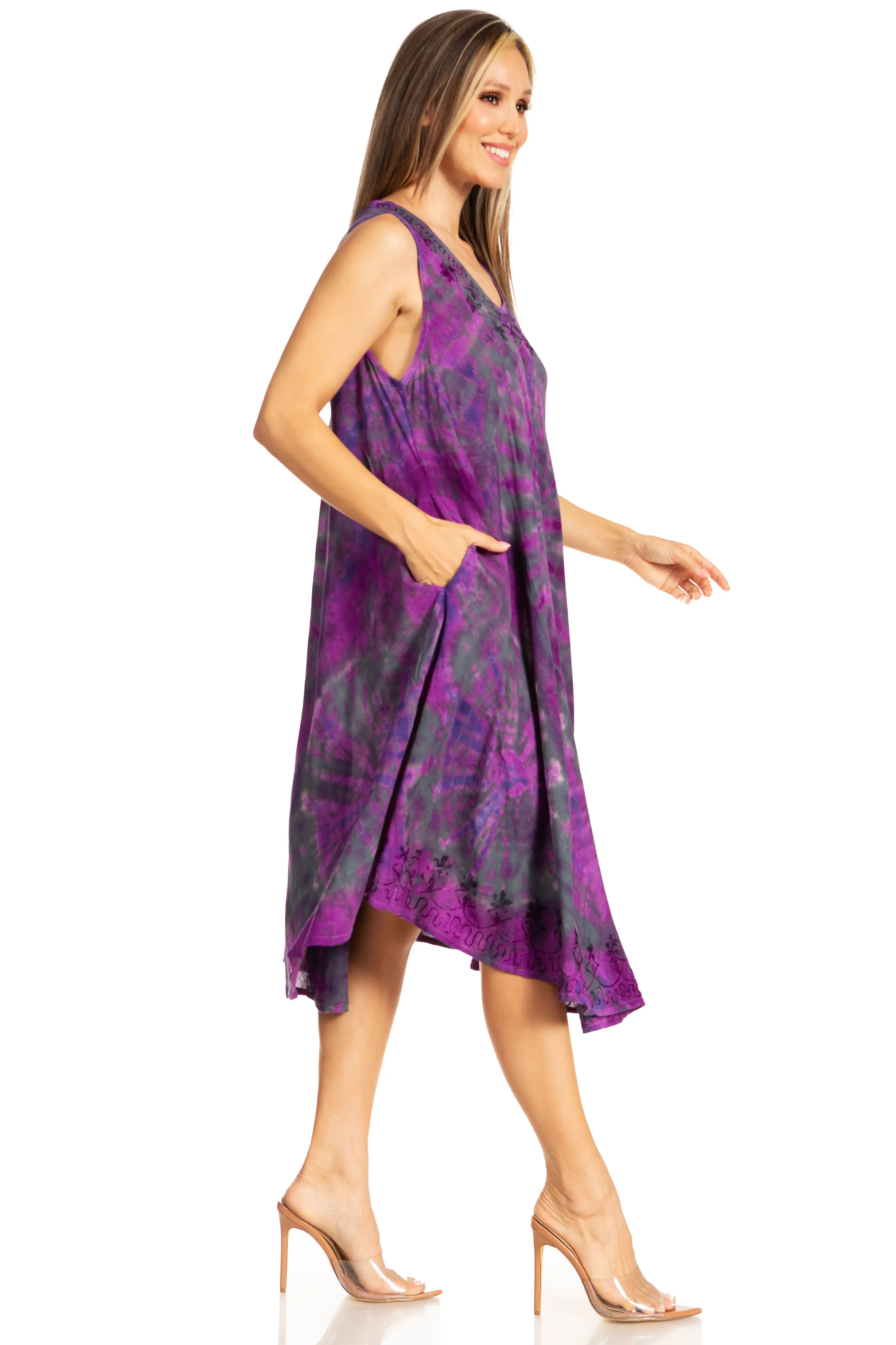 Sakkas Nora Sleeveless Embroidered Short Tie Dye Caftan Dress / Cover Up