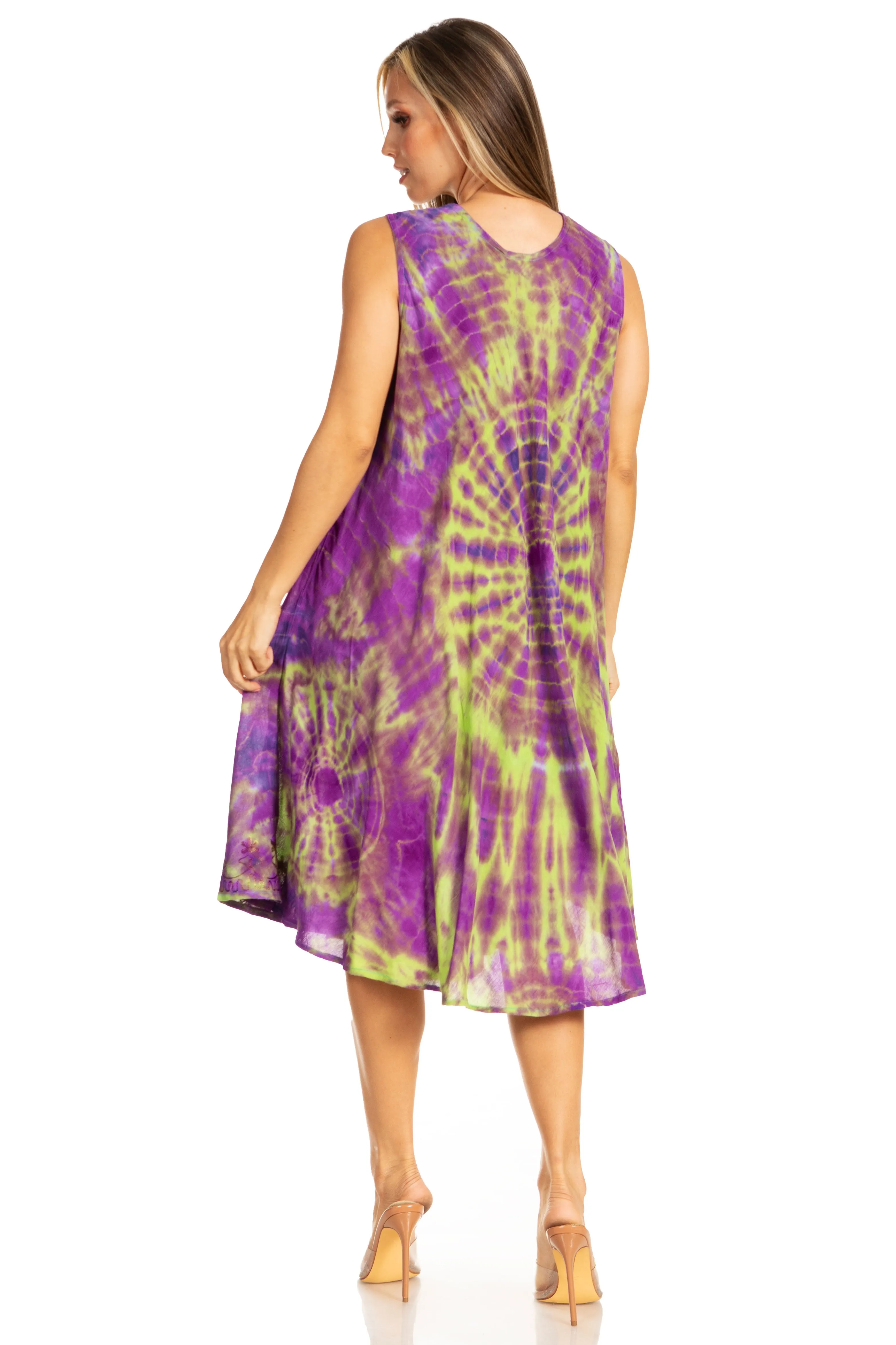 Sakkas Nora Sleeveless Embroidered Short Tie Dye Caftan Dress / Cover Up