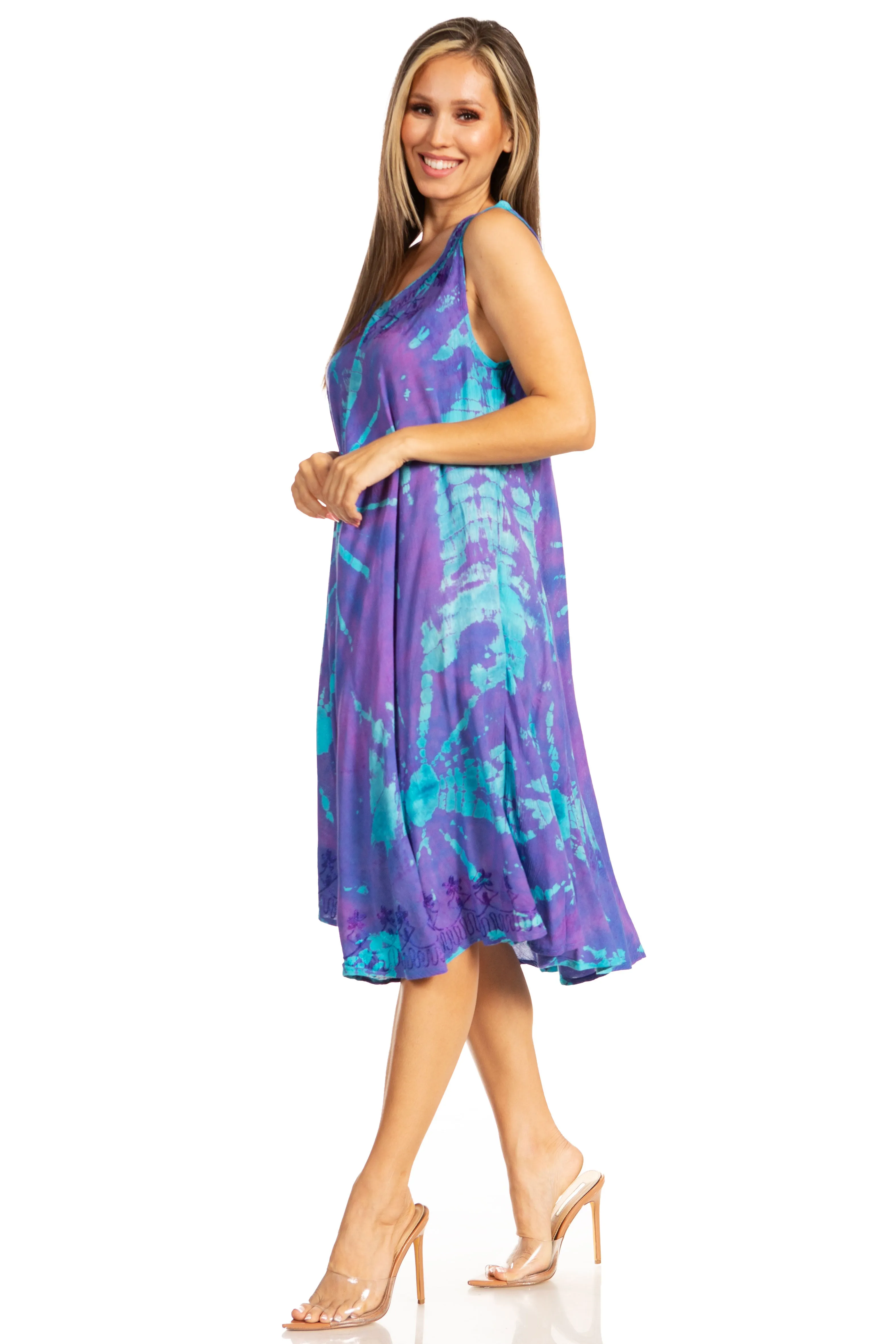 Sakkas Nora Sleeveless Embroidered Short Tie Dye Caftan Dress / Cover Up