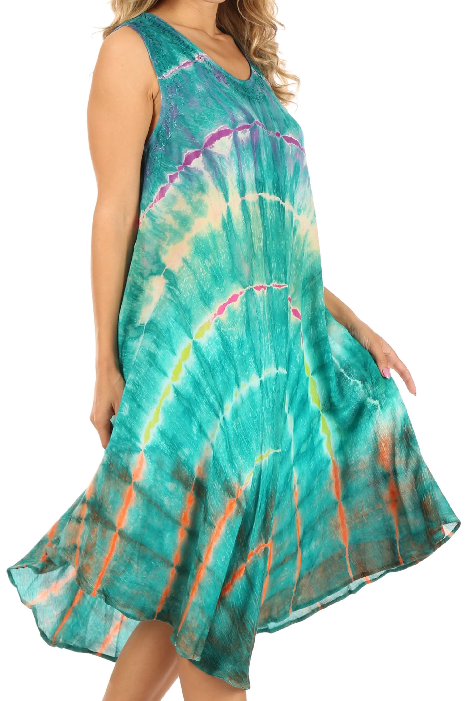 Sakkas Nora Sleeveless Embroidered Short Tie Dye Caftan Dress / Cover Up