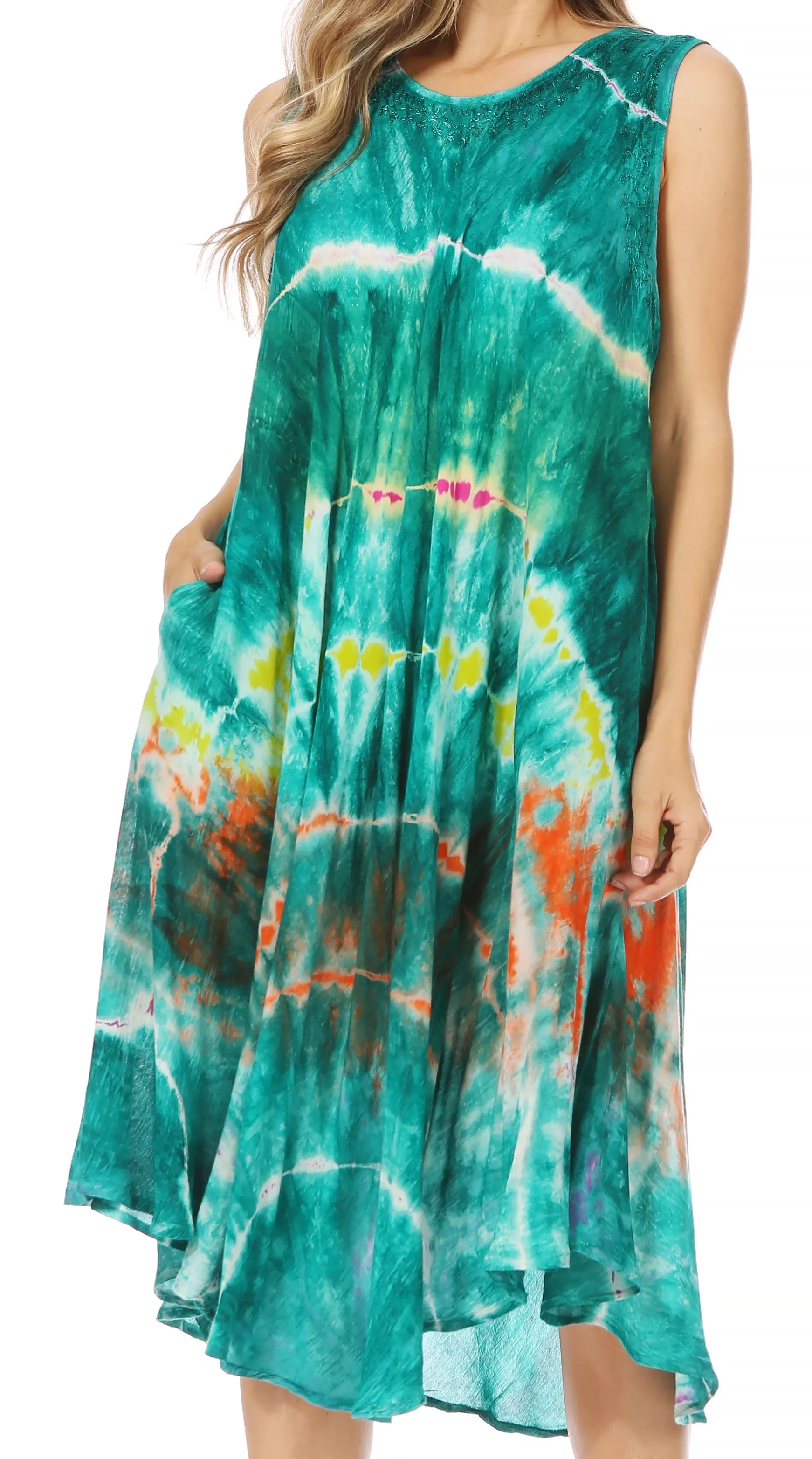 Sakkas Nora Sleeveless Embroidered Short Tie Dye Caftan Dress / Cover Up