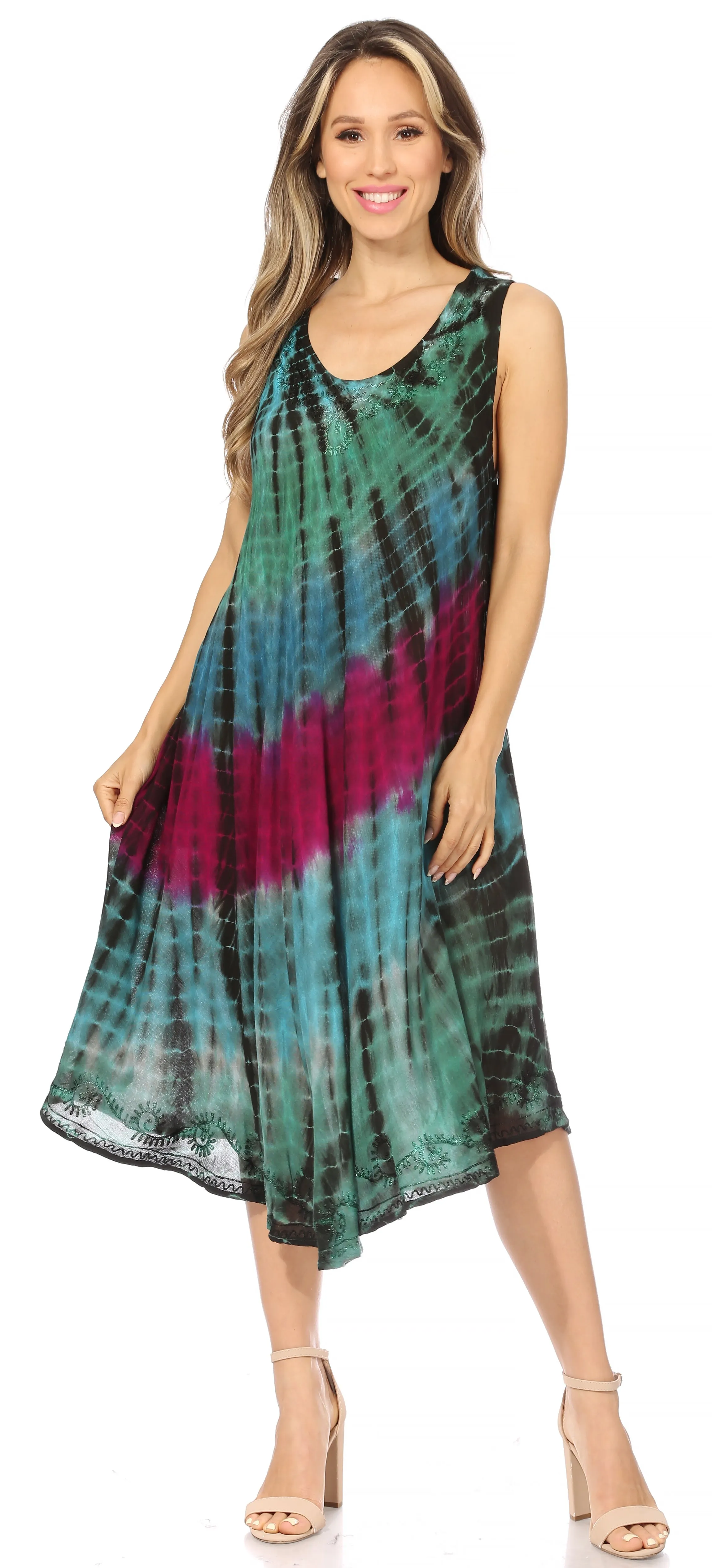 Sakkas Nora Sleeveless Embroidered Short Tie Dye Caftan Dress / Cover Up