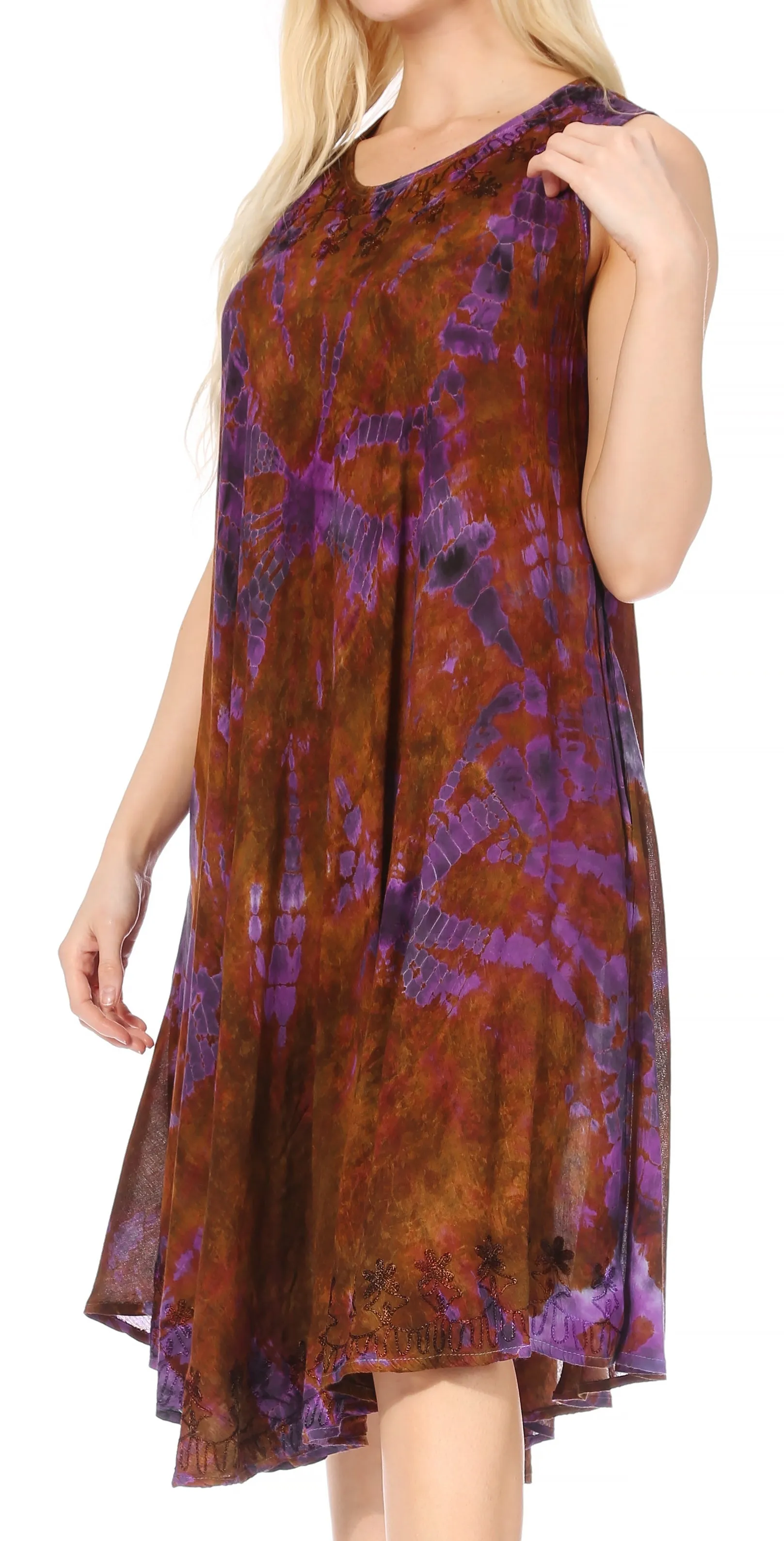 Sakkas Nora Sleeveless Embroidered Short Tie Dye Caftan Dress / Cover Up