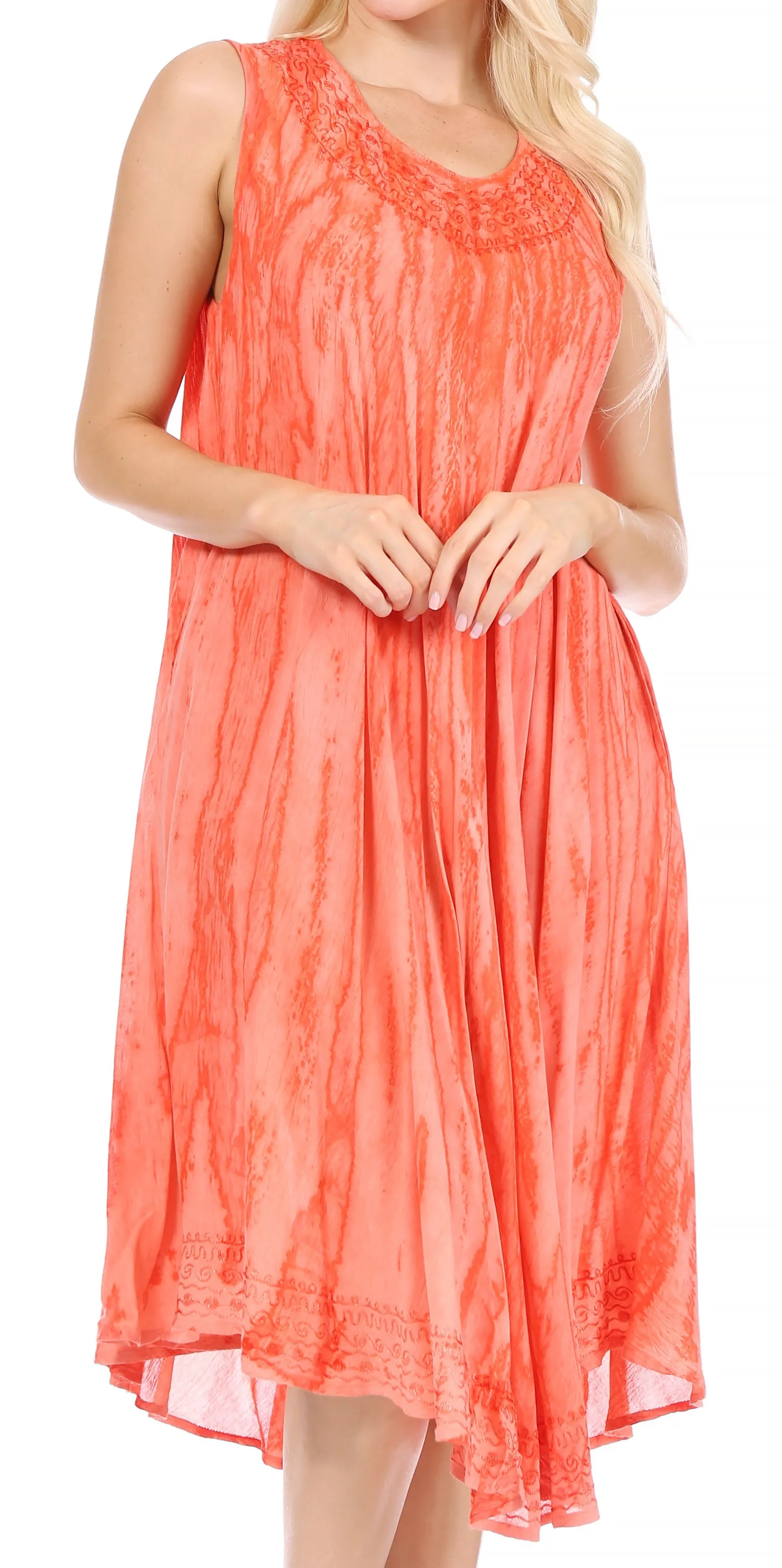 Sakkas Nora Sleeveless Embroidered Short Tie Dye Caftan Dress / Cover Up