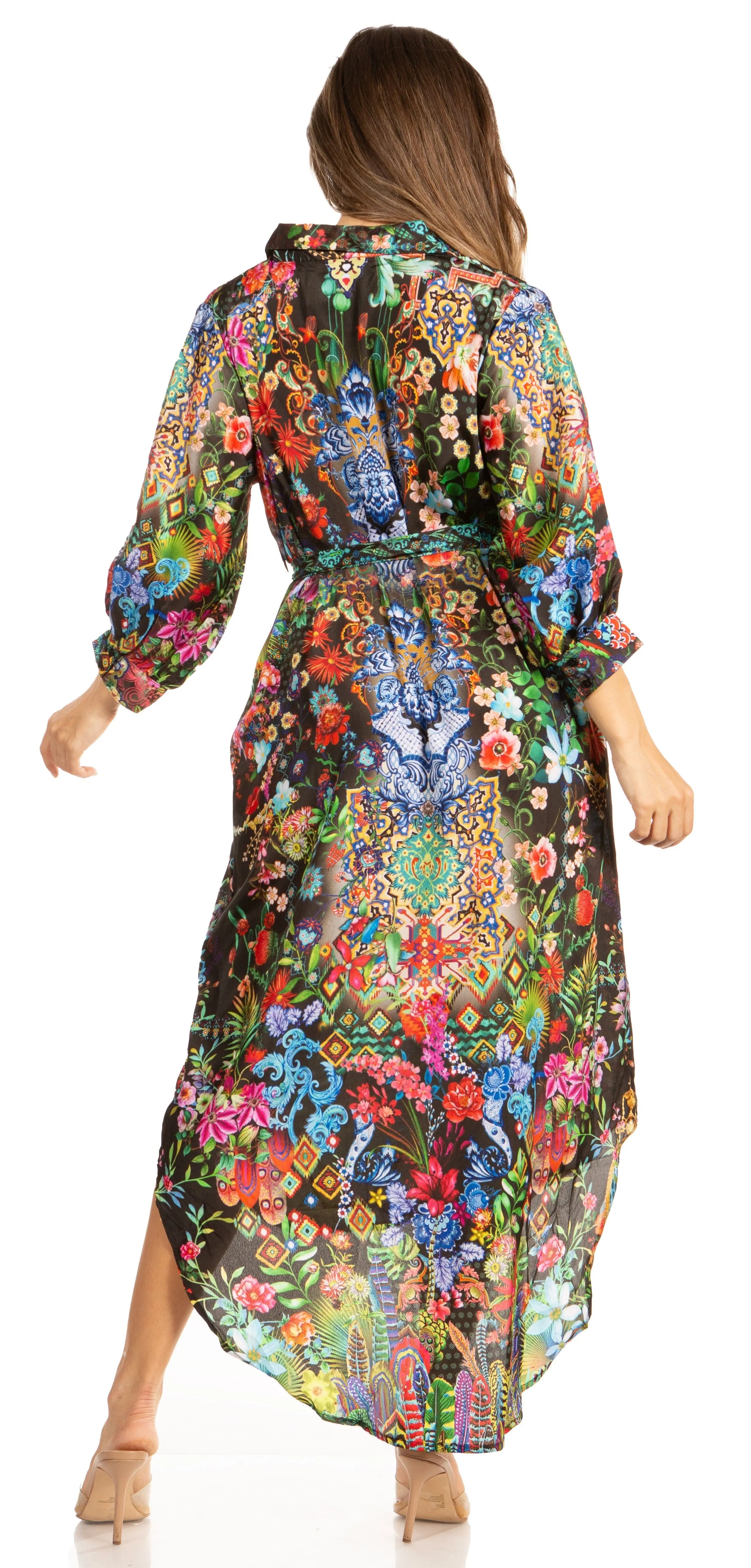 Sakkas Rina Women's Floral Print Maxi Dress with Long Sleeves and Flounce Shirt Design