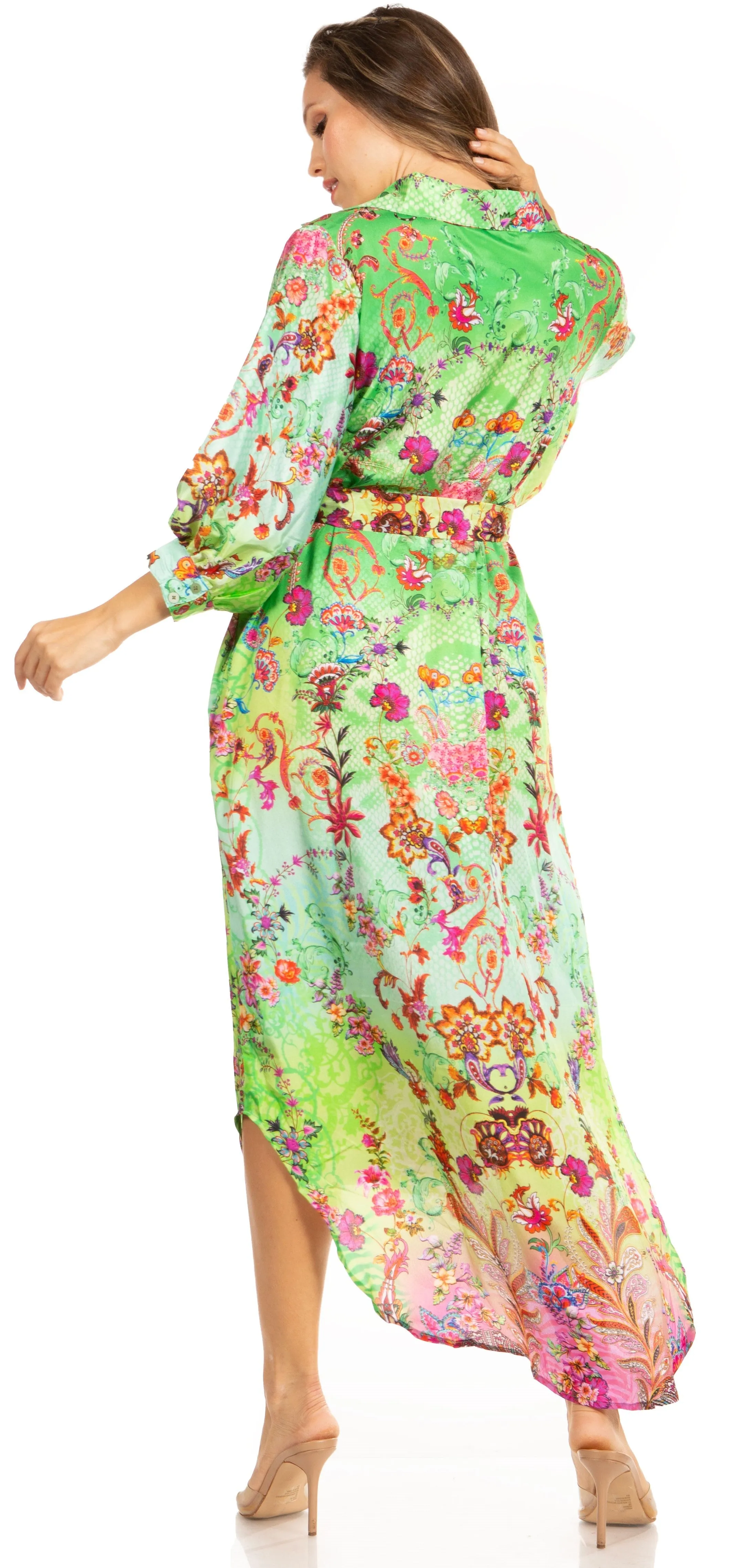 Sakkas Rina Women's Floral Print Maxi Dress with Long Sleeves and Flounce Shirt Design