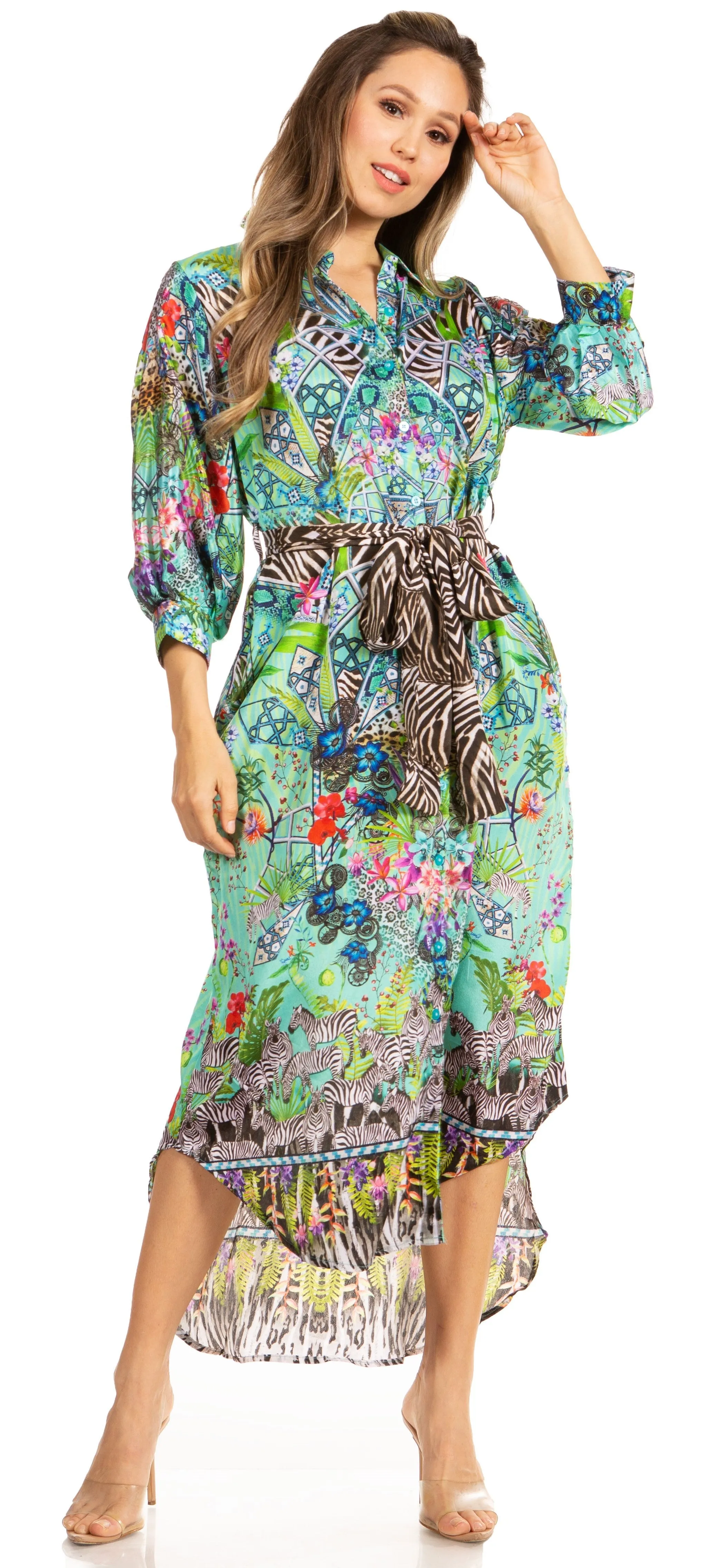 Sakkas Rina Women's Floral Print Maxi Dress with Long Sleeves and Flounce Shirt Design