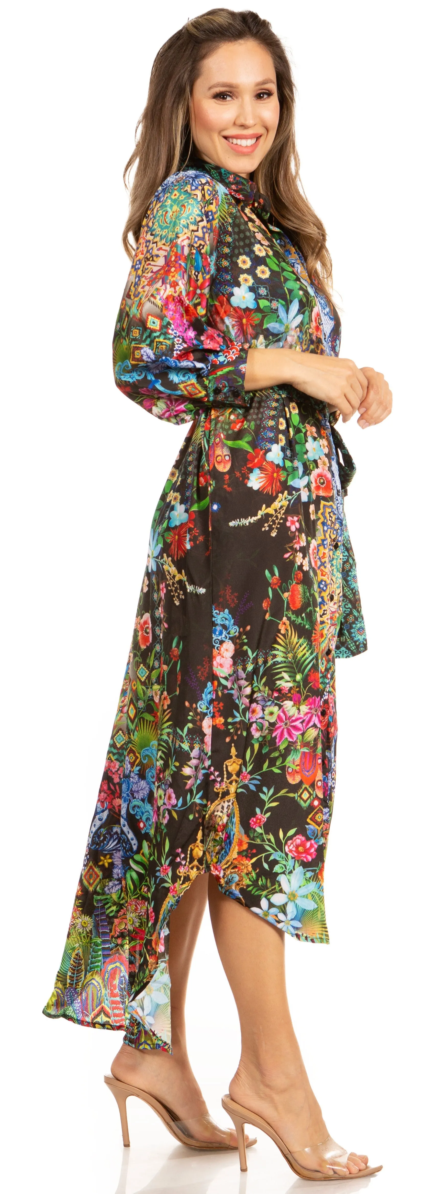 Sakkas Rina Women's Floral Print Maxi Dress with Long Sleeves and Flounce Shirt Design