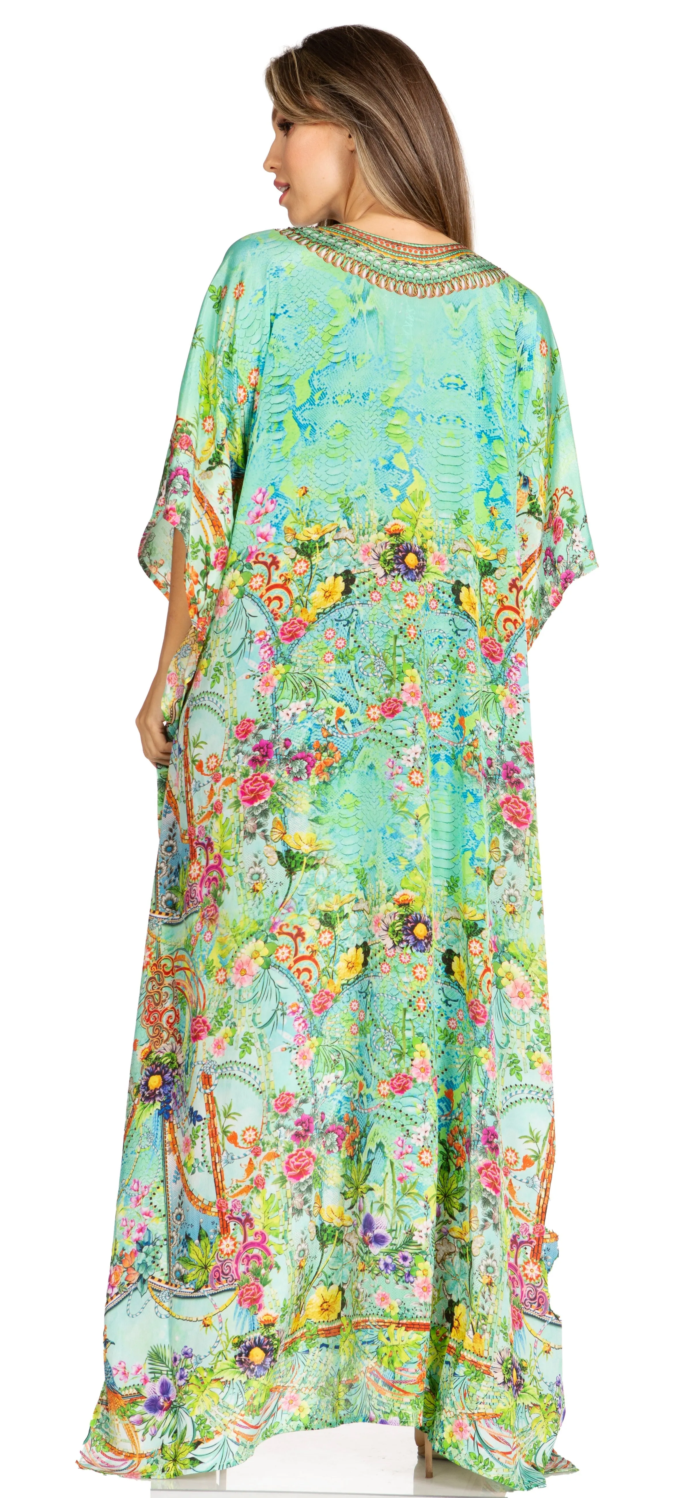 Sakkas Yeni Women's Short Sleeve V-neck Summer Floral Long Caftan Dress Cover-up