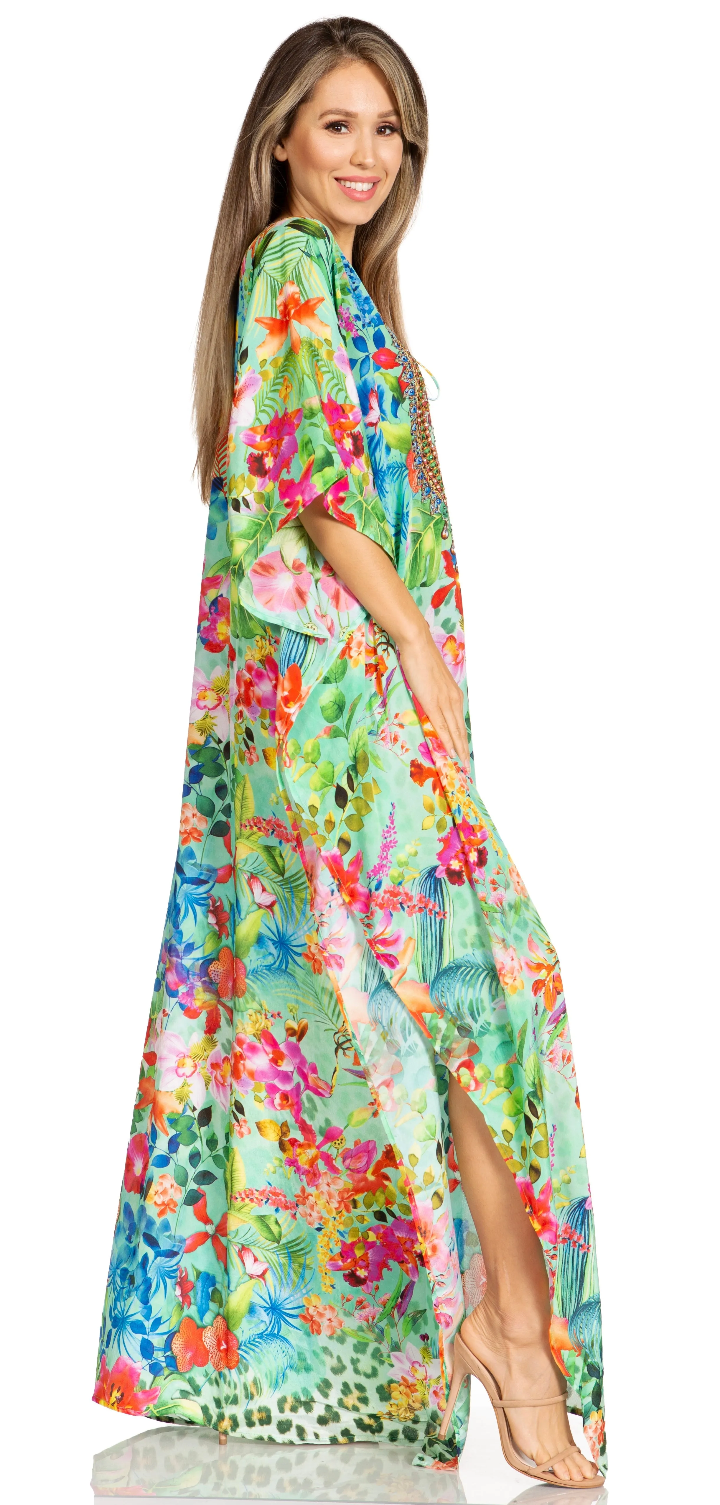 Sakkas Yeni Women's Short Sleeve V-neck Summer Floral Long Caftan Dress Cover-up