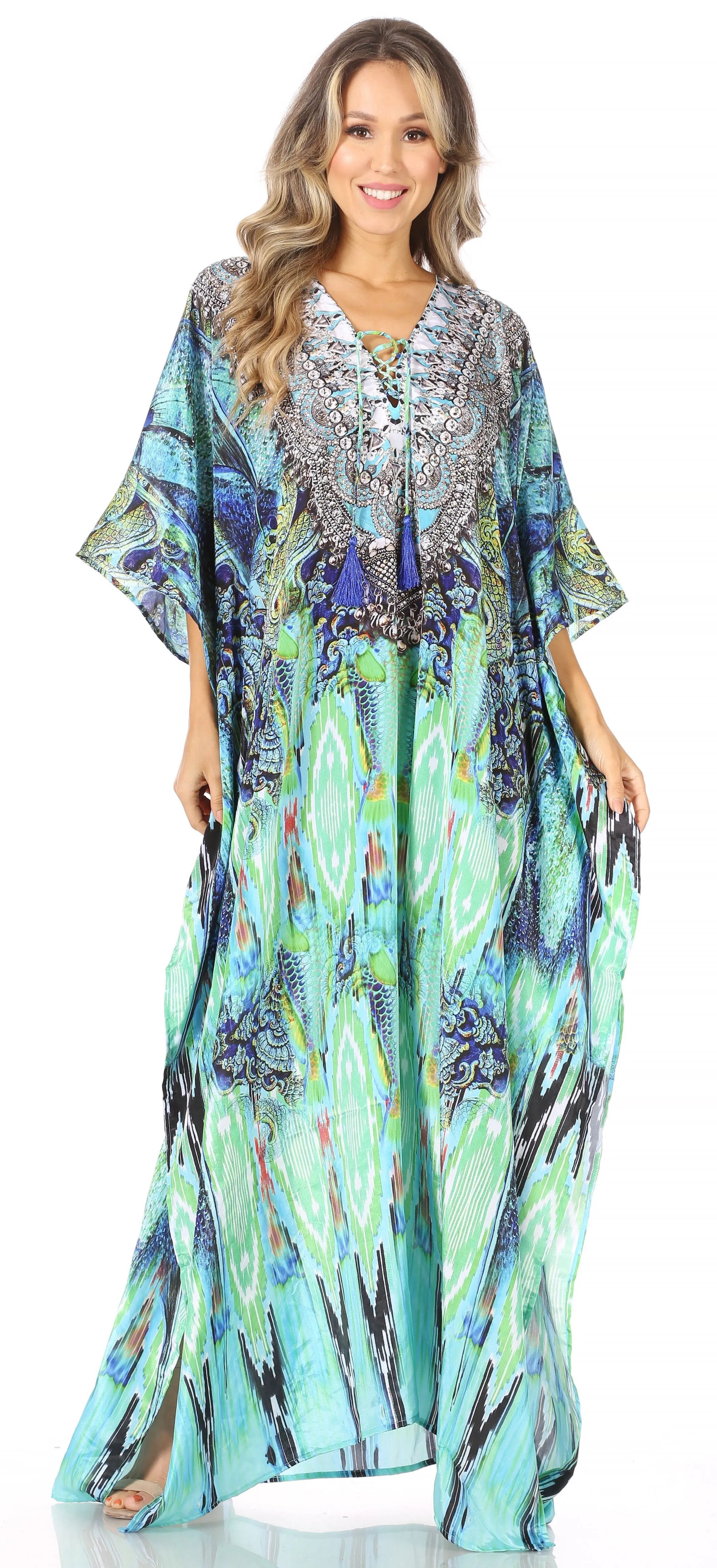 Sakkas Yeni Women's Short Sleeve V-neck Summer Floral Long Caftan Dress Cover-up