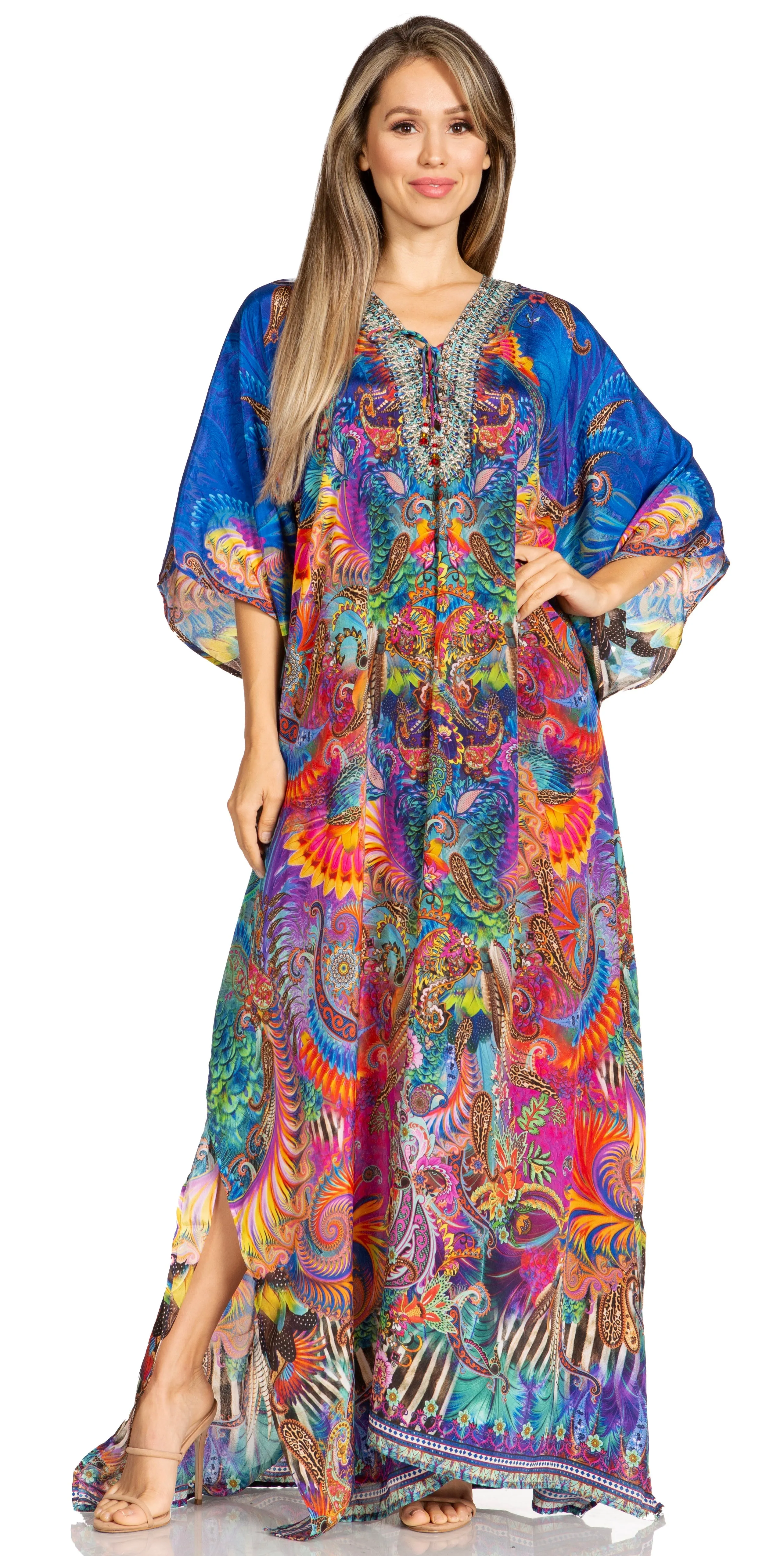 Sakkas Yeni Women's Short Sleeve V-neck Summer Floral Long Caftan Dress Cover-up