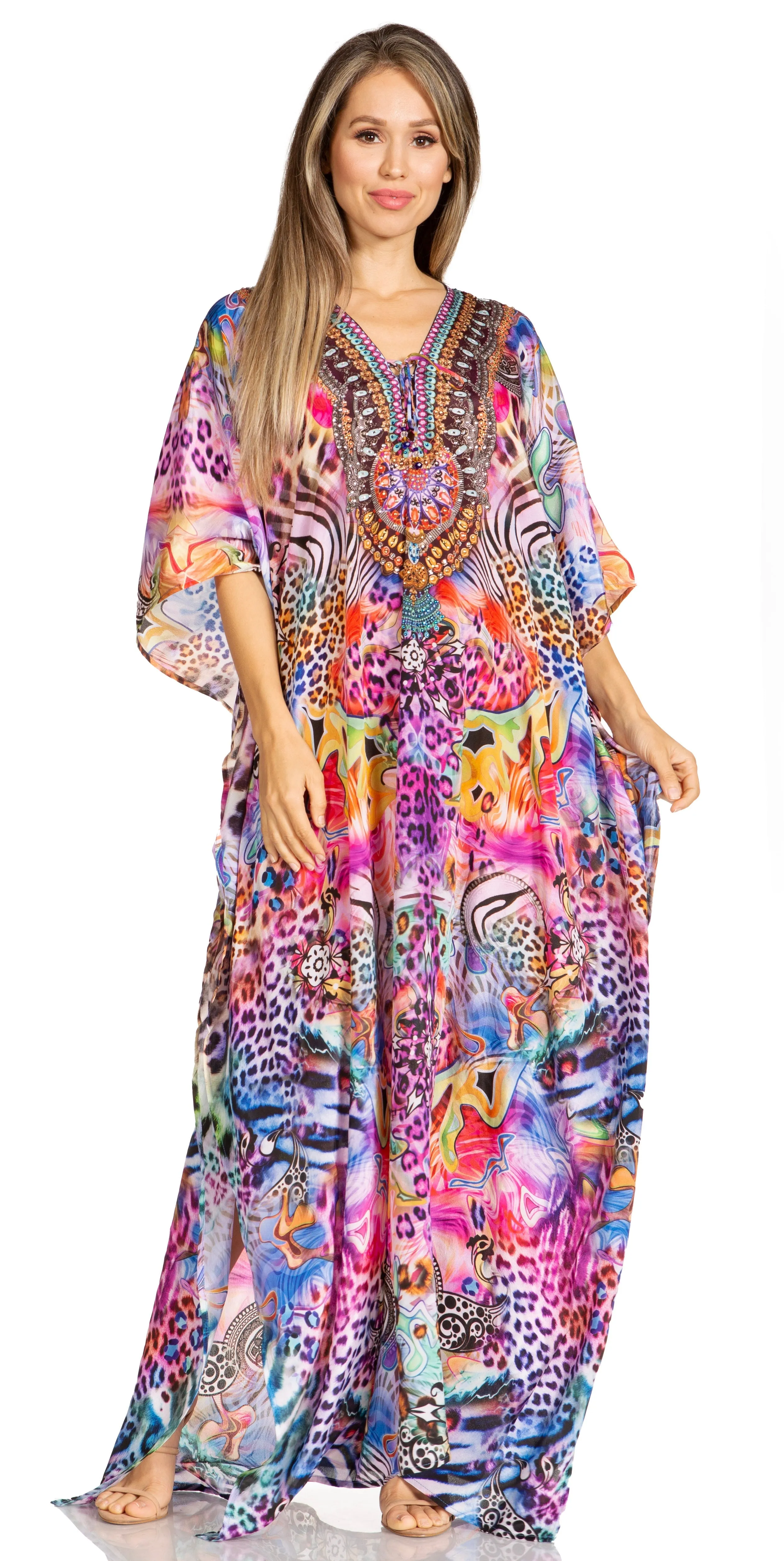 Sakkas Yeni Women's Short Sleeve V-neck Summer Floral Long Caftan Dress Cover-up