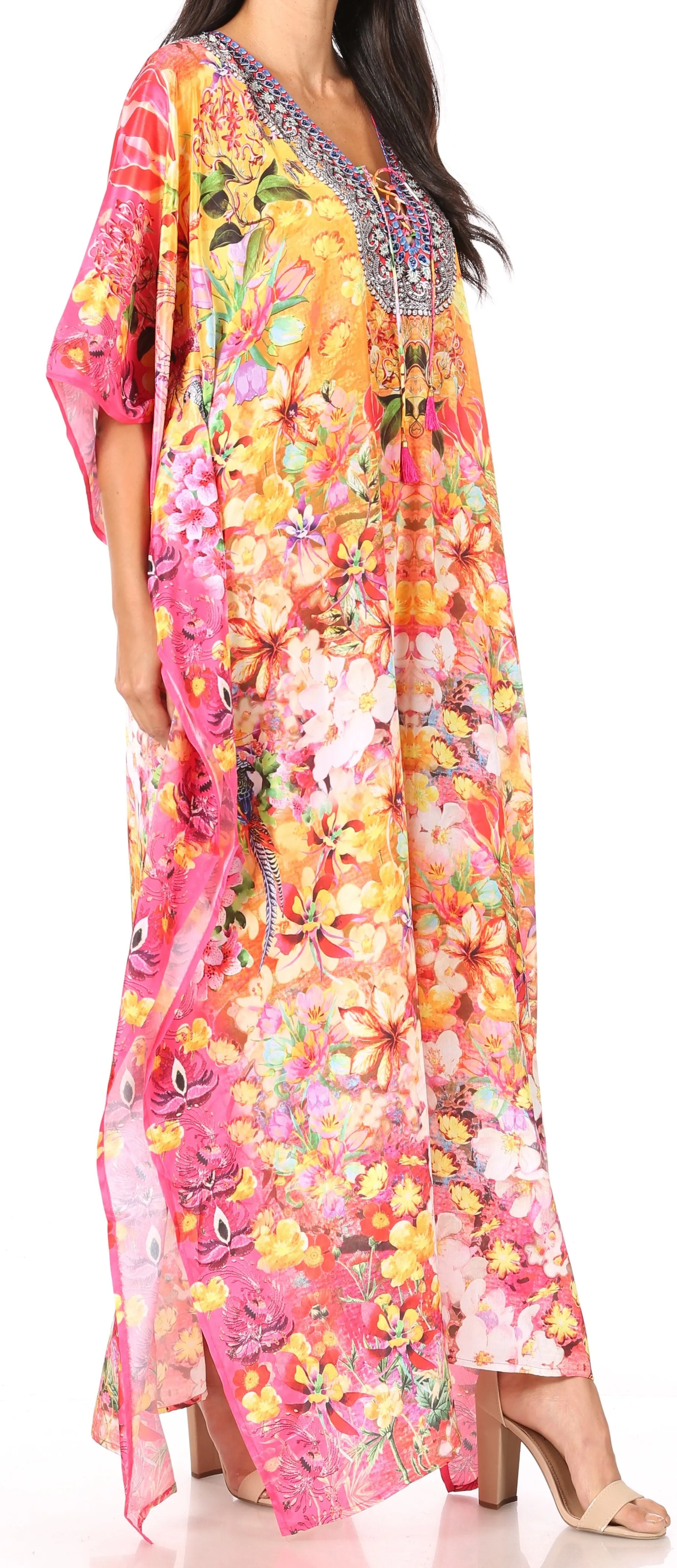 Sakkas Yeni Women's Short Sleeve V-neck Summer Floral Long Caftan Dress Cover-up