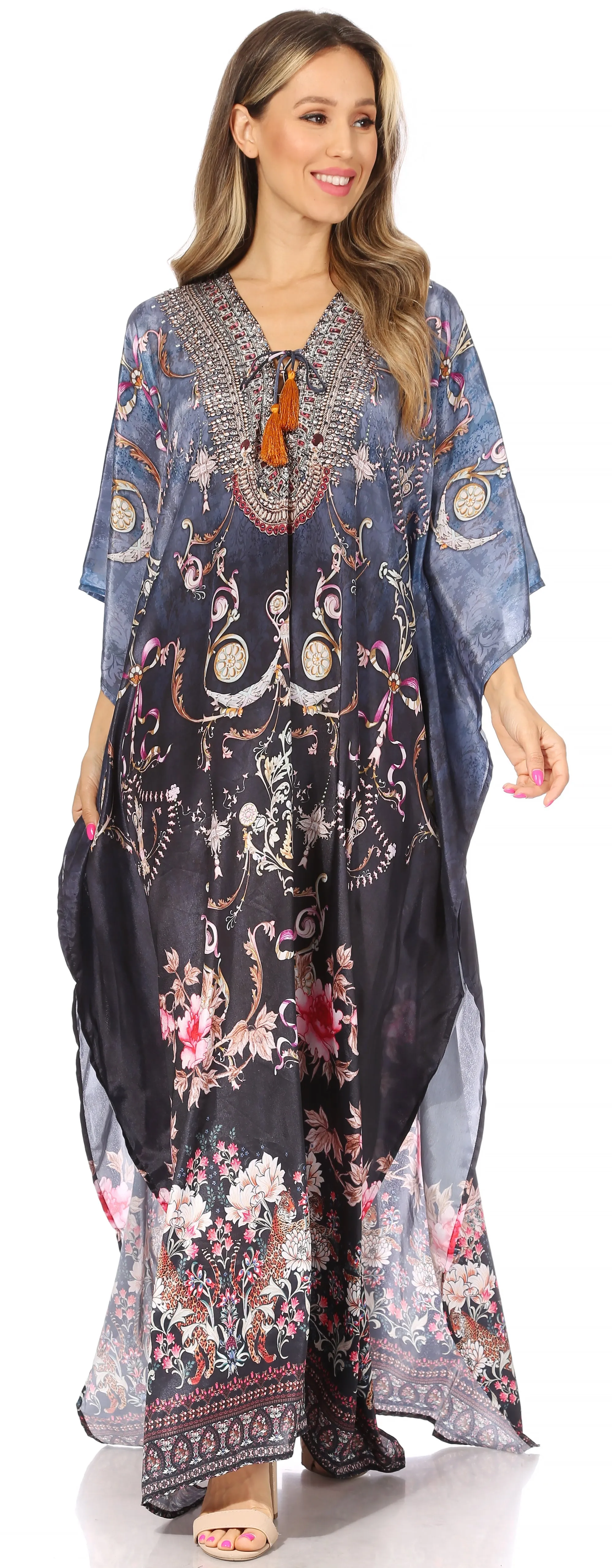 Sakkas Yeni Women's Short Sleeve V-neck Summer Floral Long Caftan Dress Cover-up