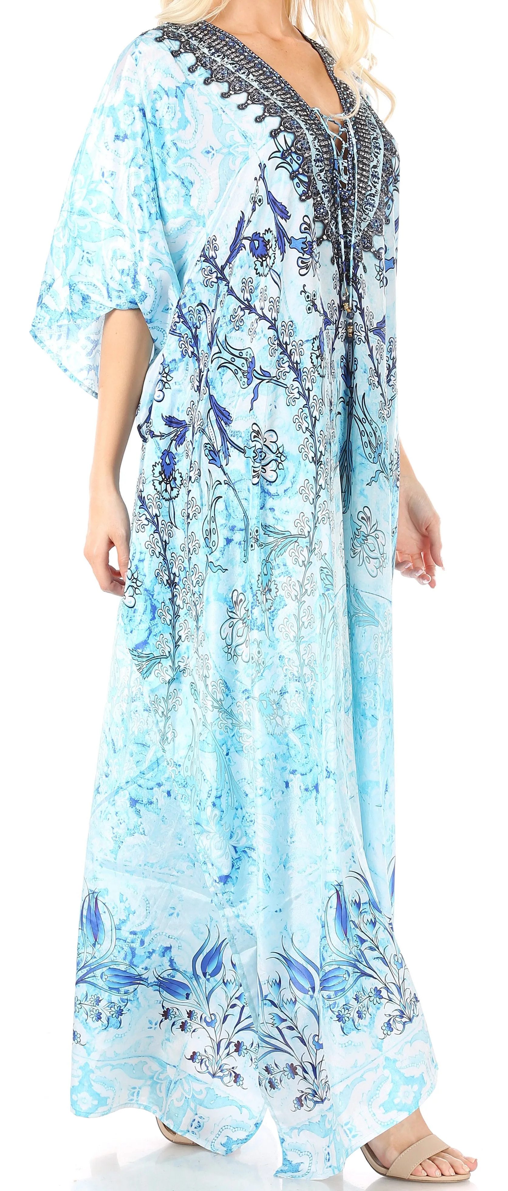 Sakkas Yeni Women's Short Sleeve V-neck Summer Floral Long Caftan Dress Cover-up