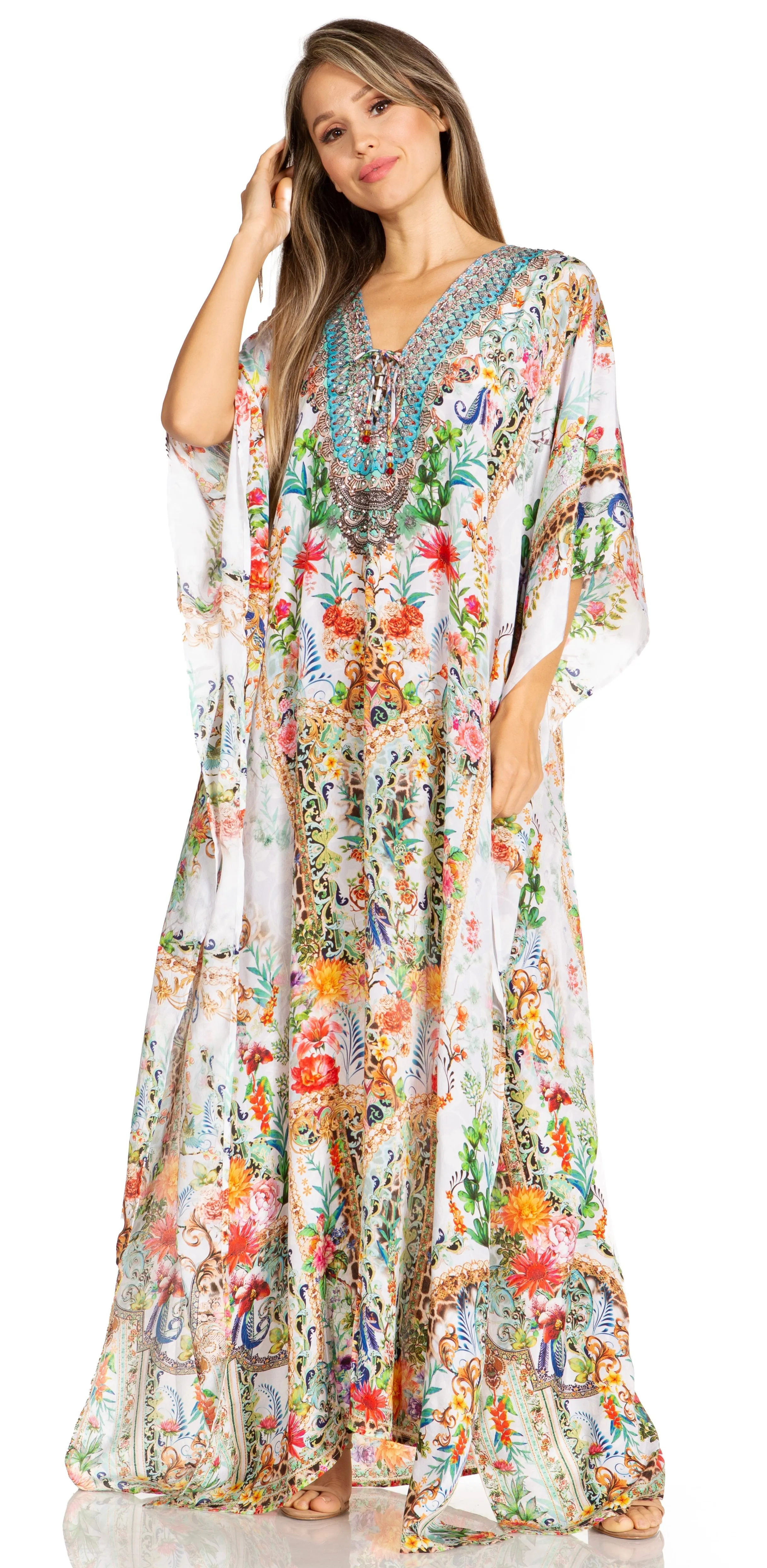 Sakkas Yeni Women's Short Sleeve V-neck Summer Floral Long Caftan Dress Cover-up