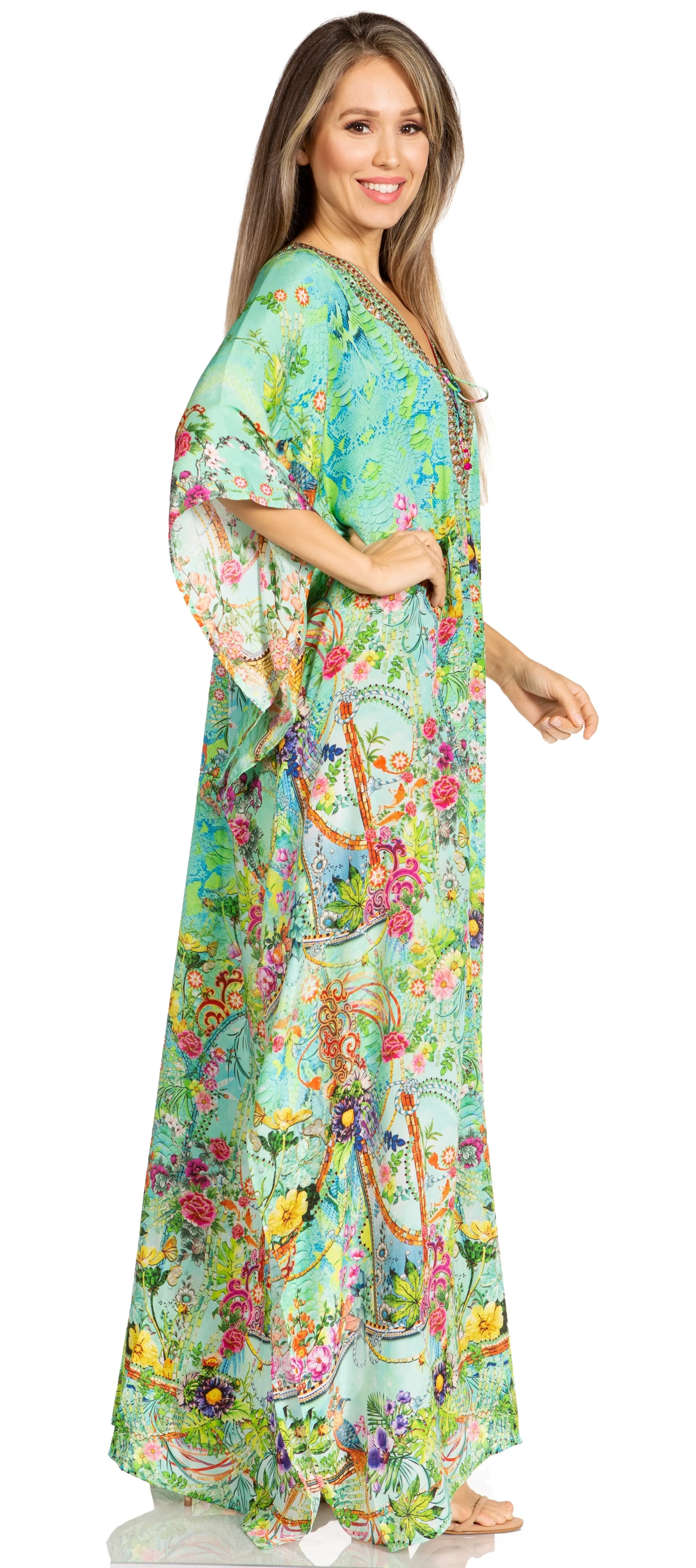 Sakkas Yeni Women's Short Sleeve V-neck Summer Floral Long Caftan Dress Cover-up