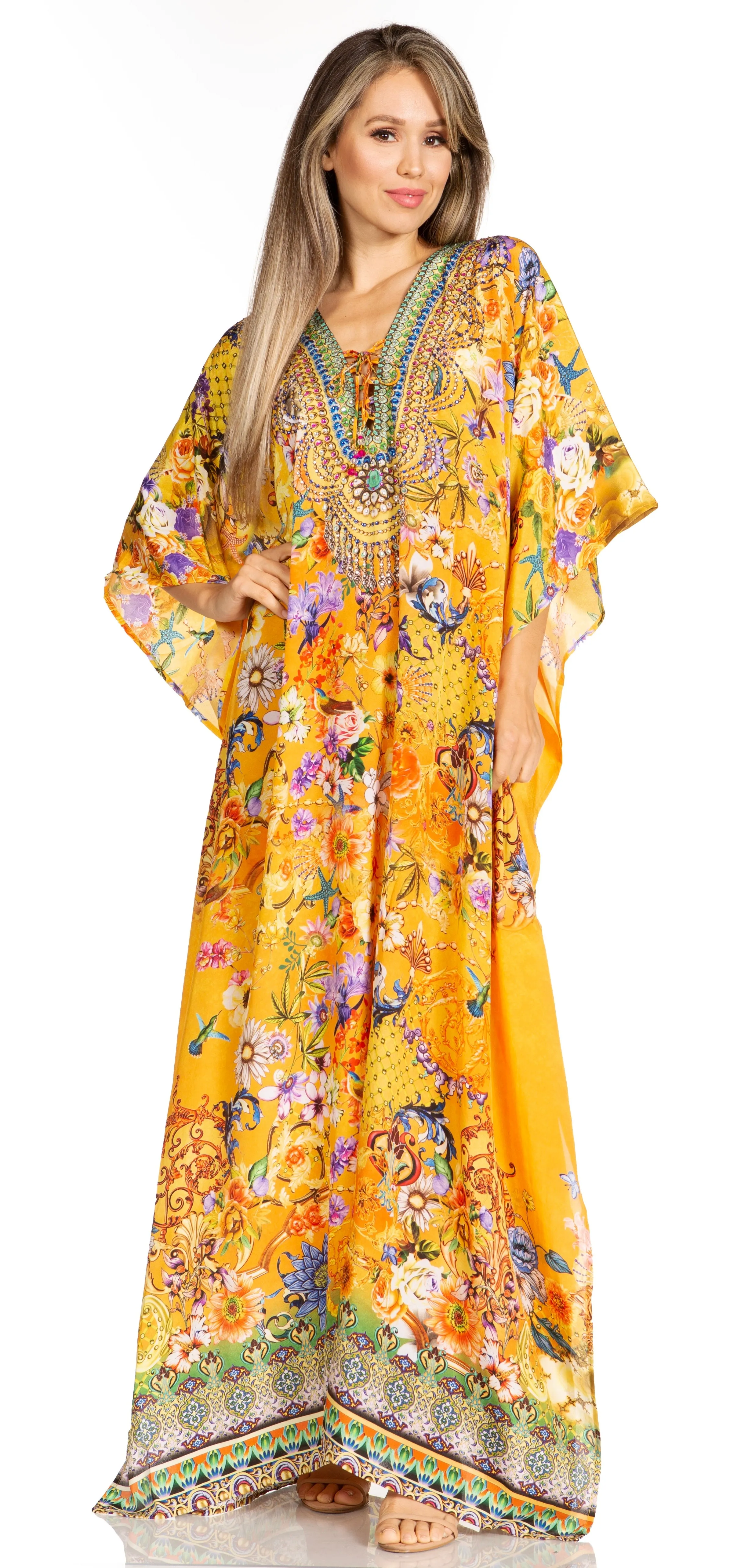 Sakkas Yeni Women's Short Sleeve V-neck Summer Floral Long Caftan Dress Cover-up