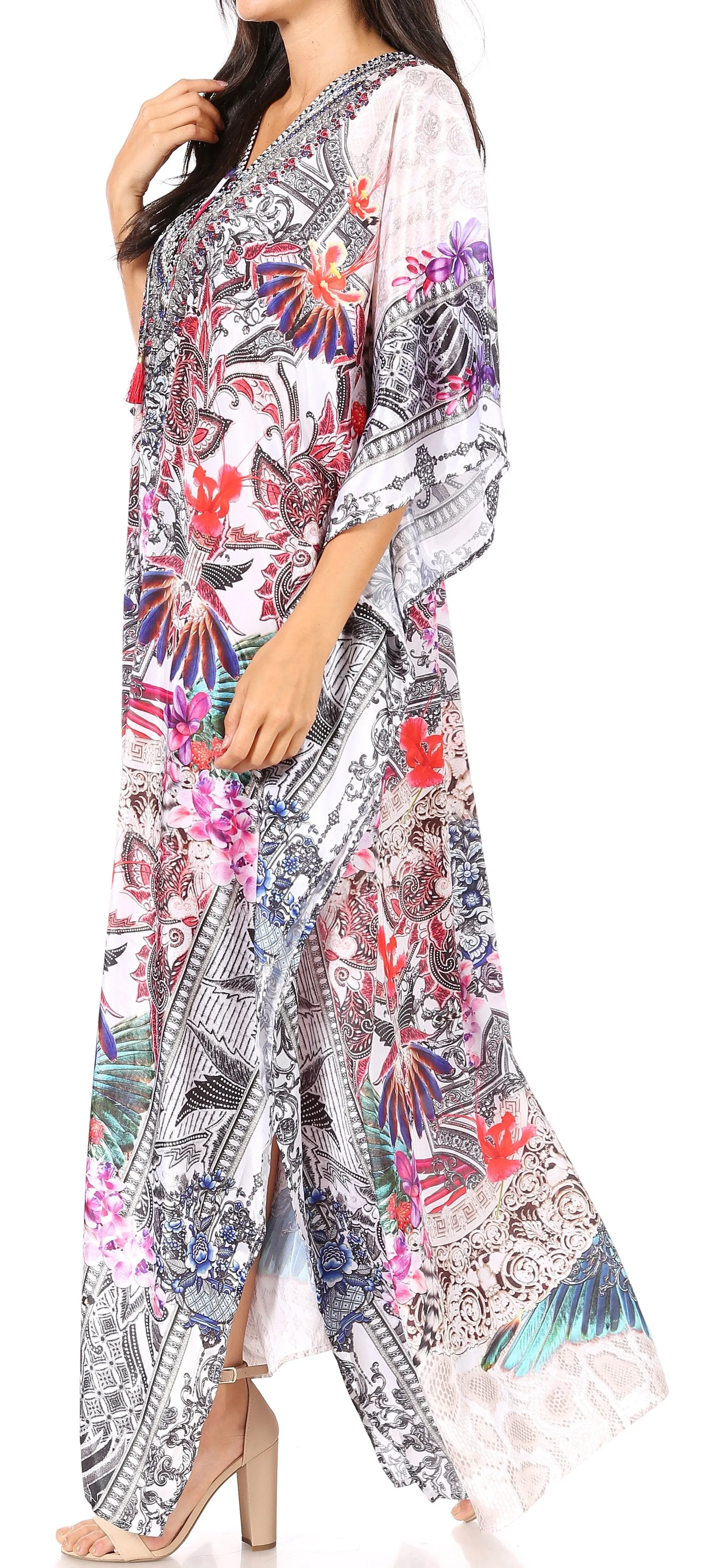 Sakkas Yeni Women's Short Sleeve V-neck Summer Floral Long Caftan Dress Cover-up