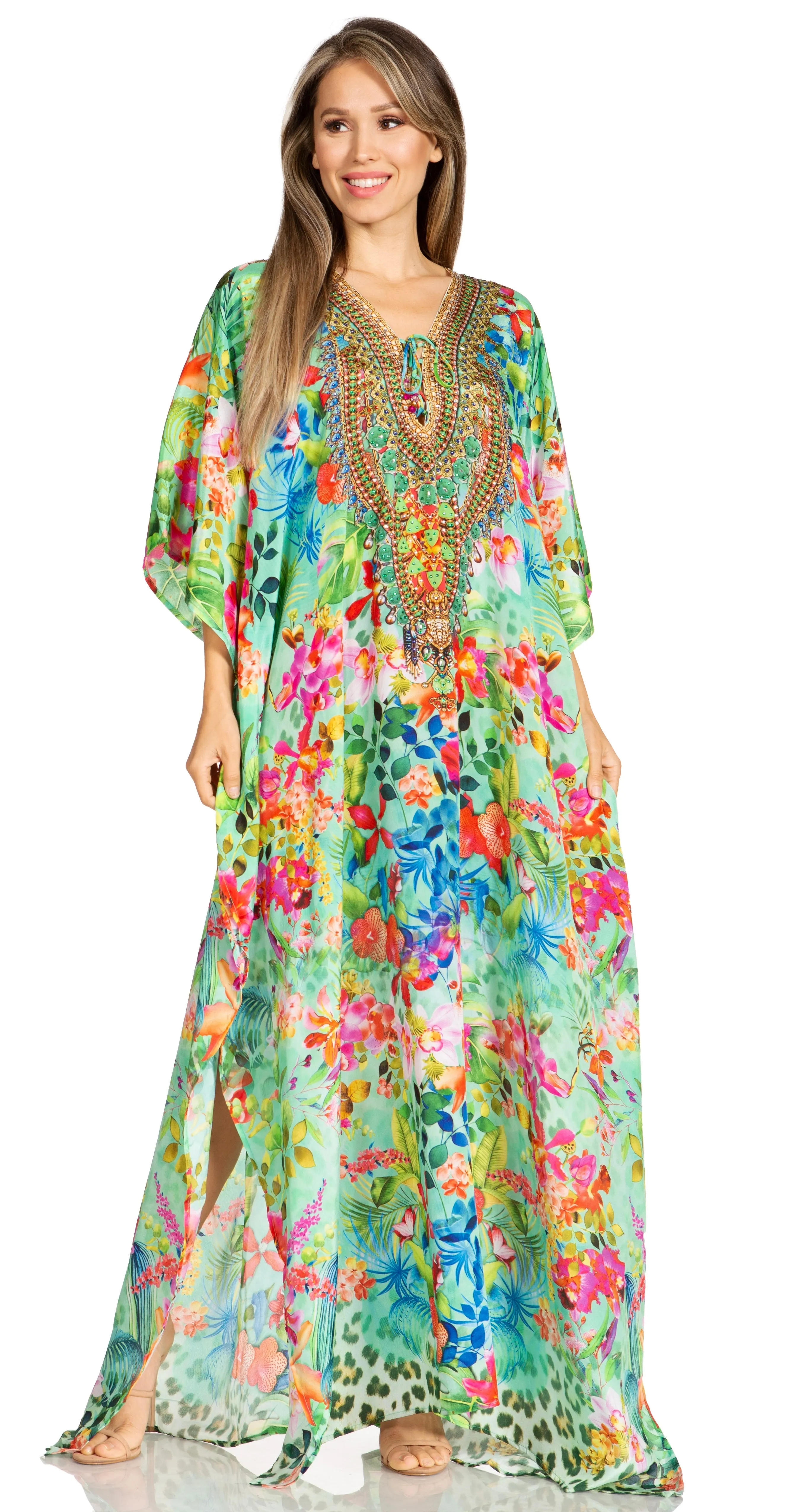 Sakkas Yeni Women's Short Sleeve V-neck Summer Floral Long Caftan Dress Cover-up