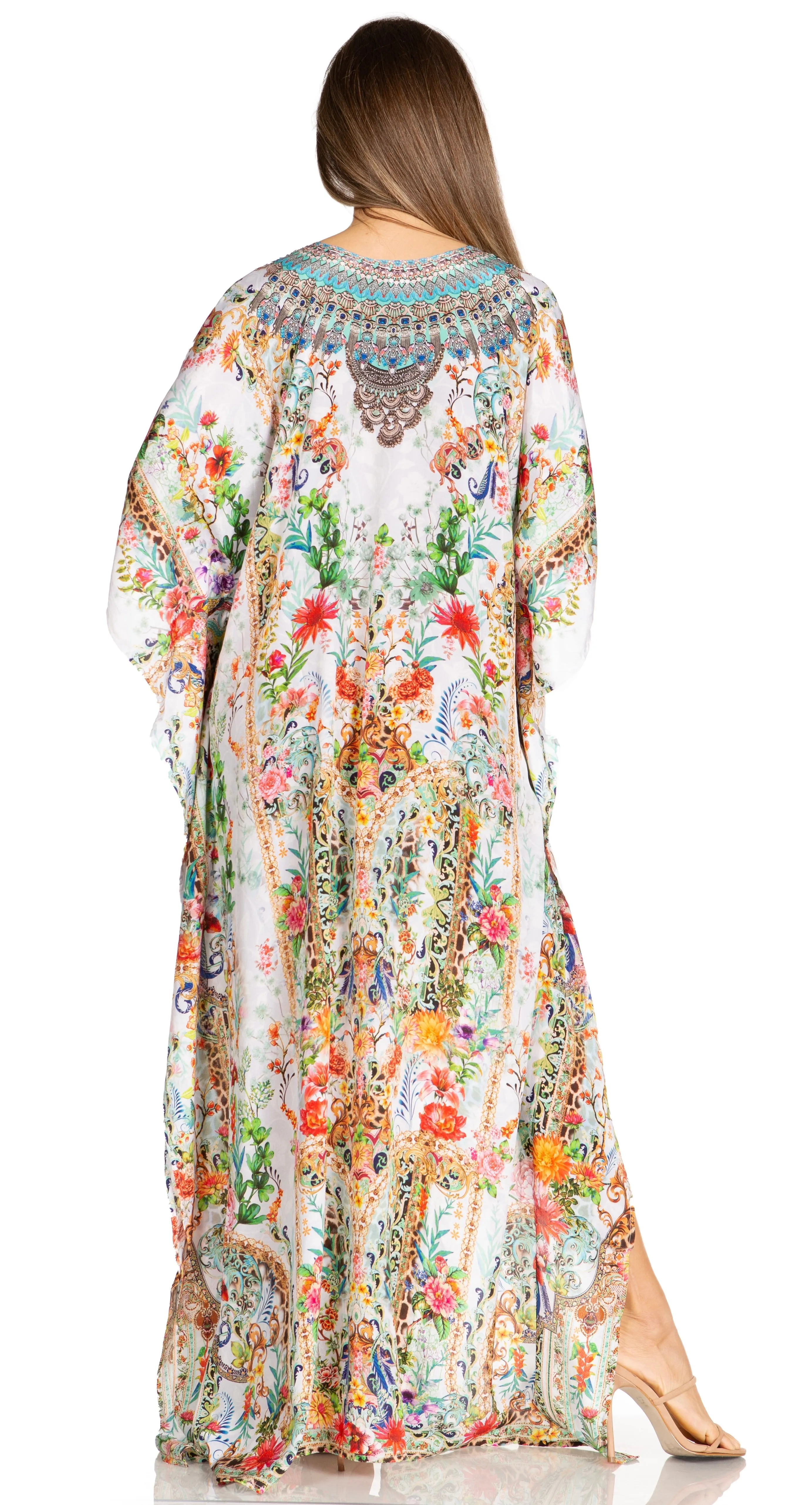 Sakkas Yeni Women's Short Sleeve V-neck Summer Floral Long Caftan Dress Cover-up