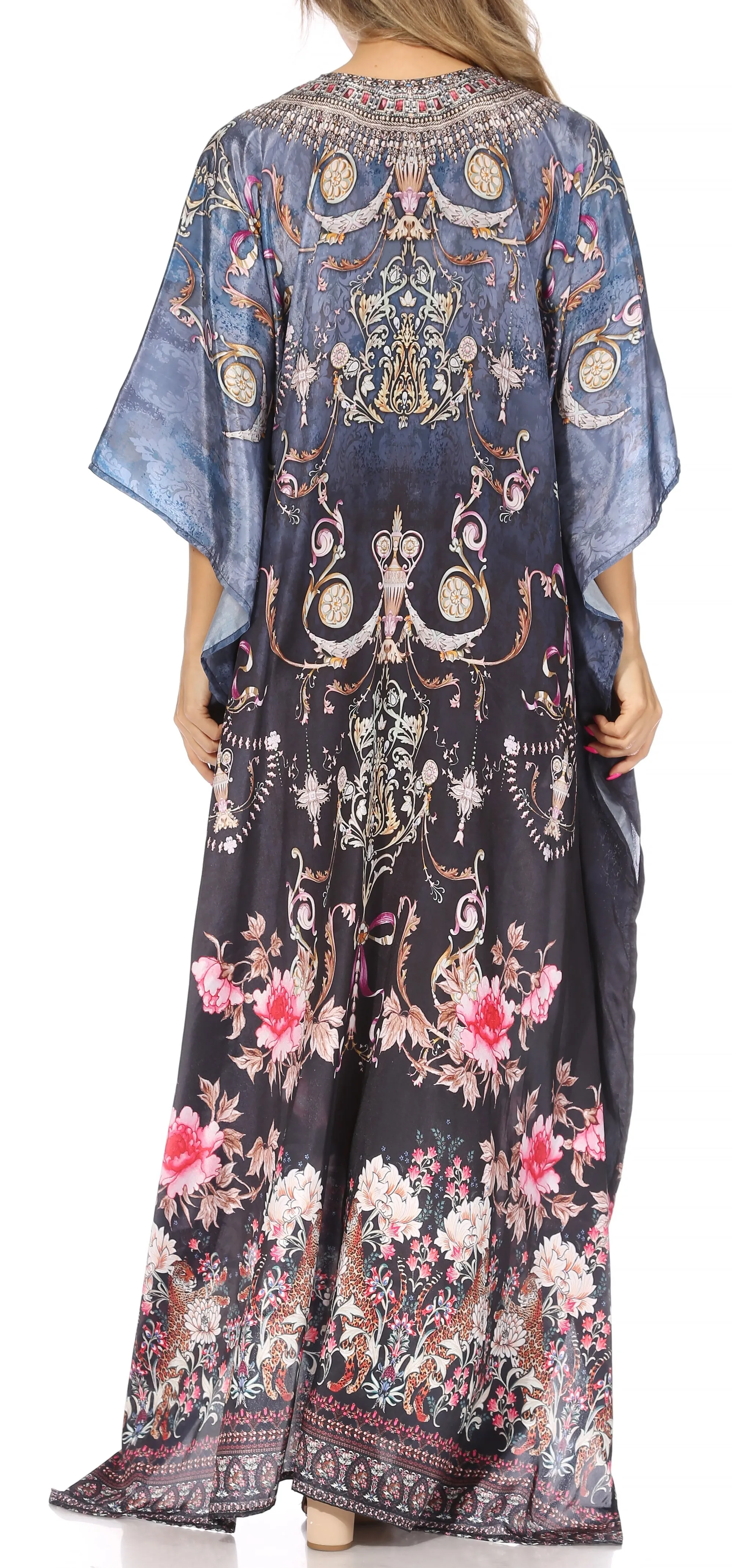 Sakkas Yeni Women's Short Sleeve V-neck Summer Floral Long Caftan Dress Cover-up