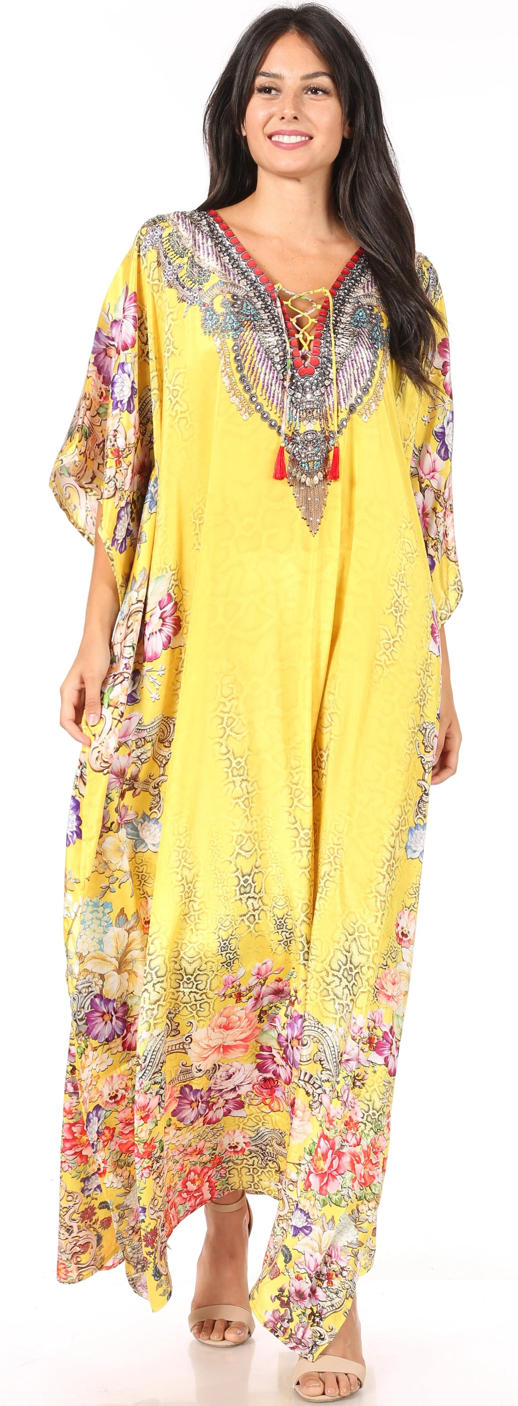 Sakkas Yeni Women's Short Sleeve V-neck Summer Floral Long Caftan Dress Cover-up