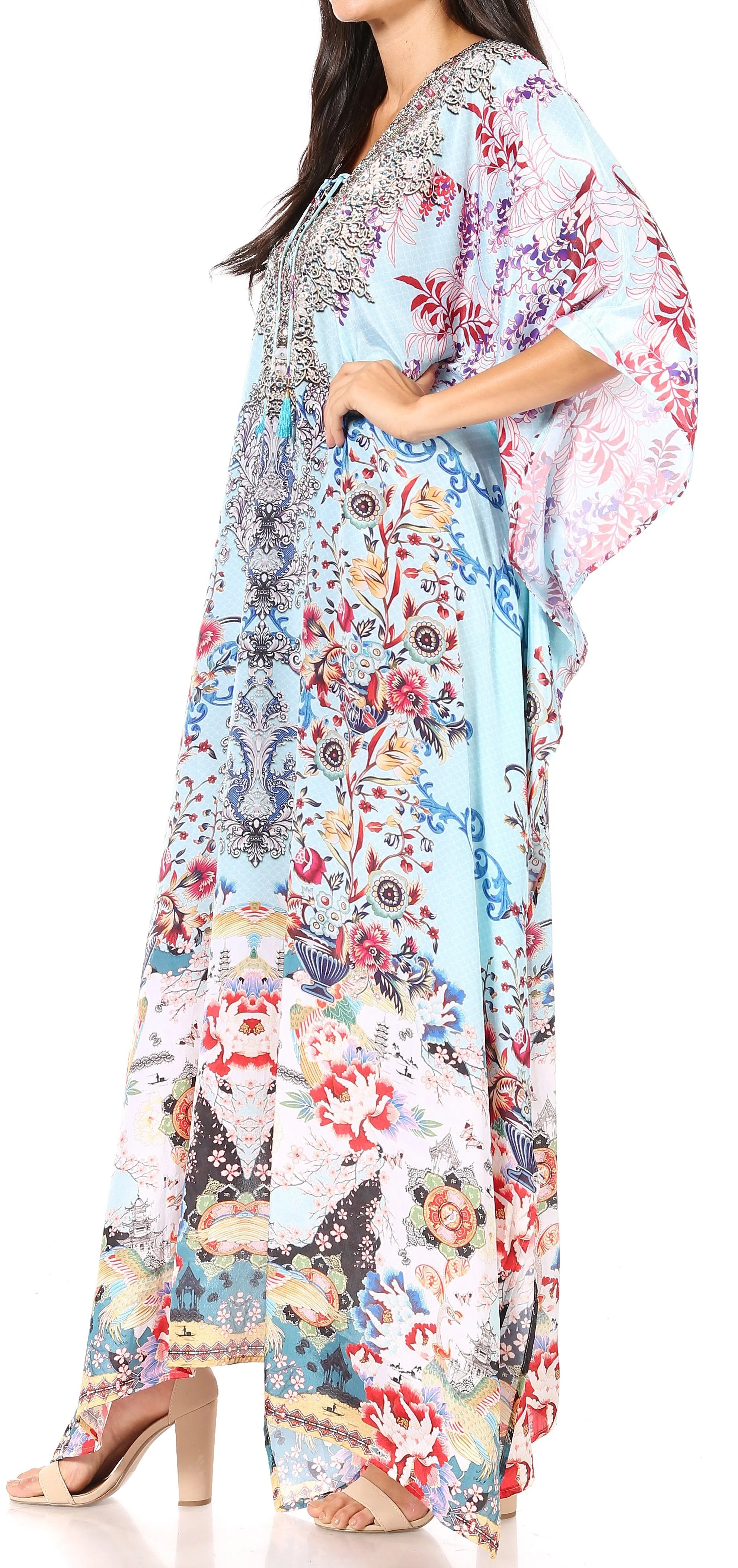 Sakkas Yeni Women's Short Sleeve V-neck Summer Floral Long Caftan Dress Cover-up