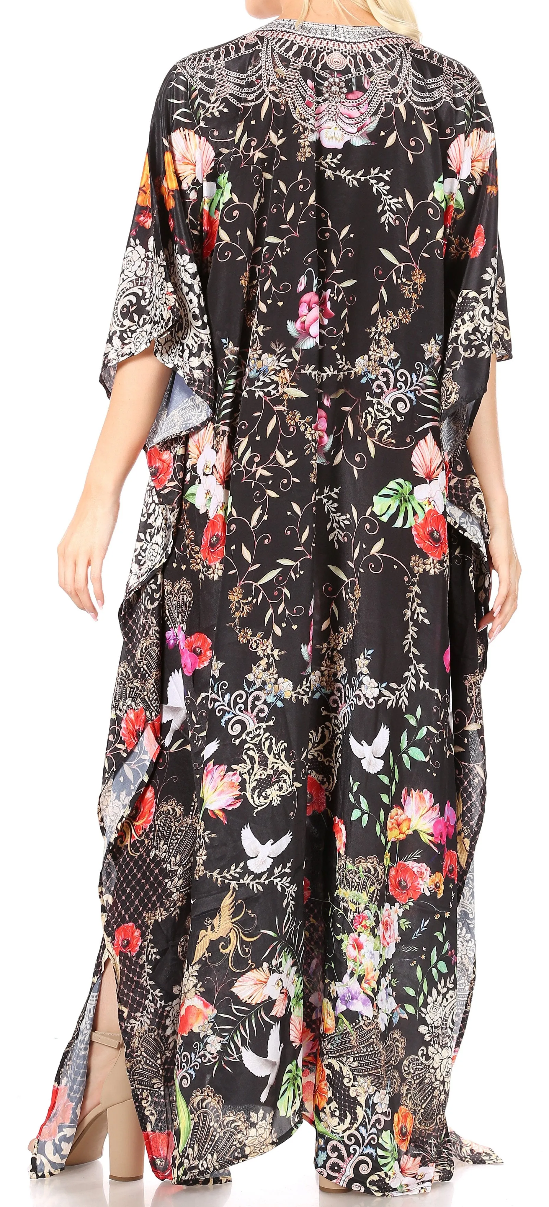 Sakkas Yeni Women's Short Sleeve V-neck Summer Floral Long Caftan Dress Cover-up