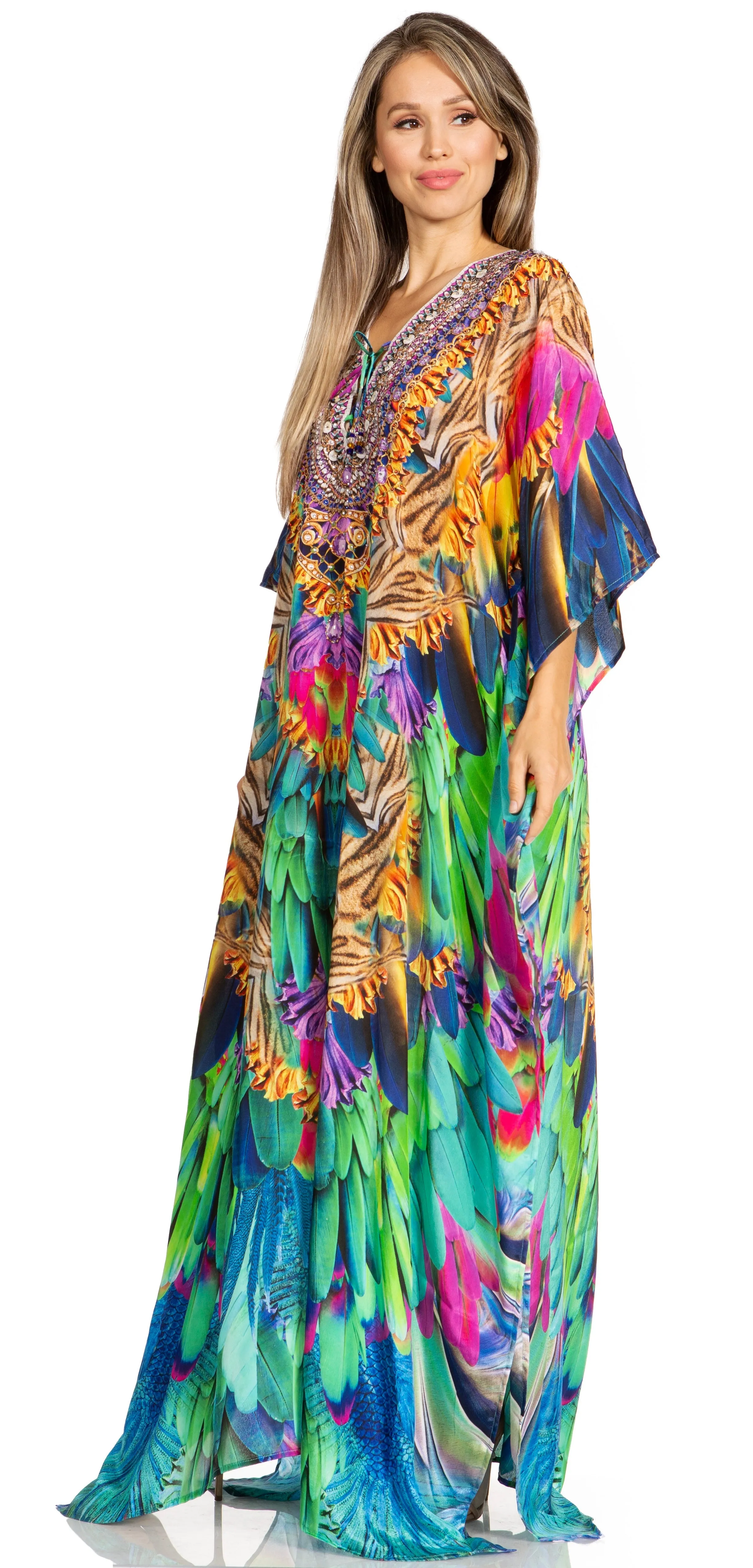 Sakkas Yeni Women's Short Sleeve V-neck Summer Floral Long Caftan Dress Cover-up