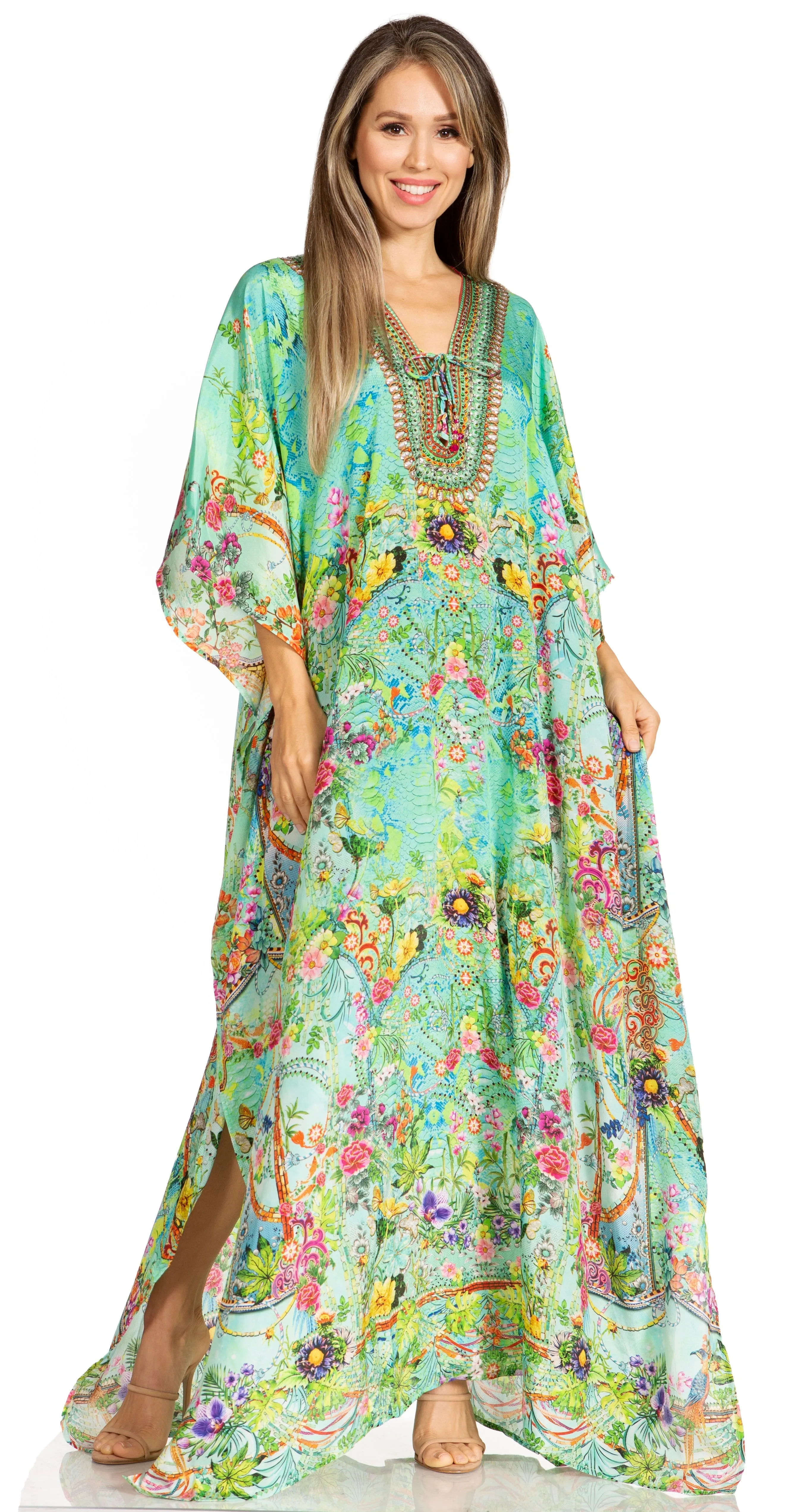 Sakkas Yeni Women's Short Sleeve V-neck Summer Floral Long Caftan Dress Cover-up