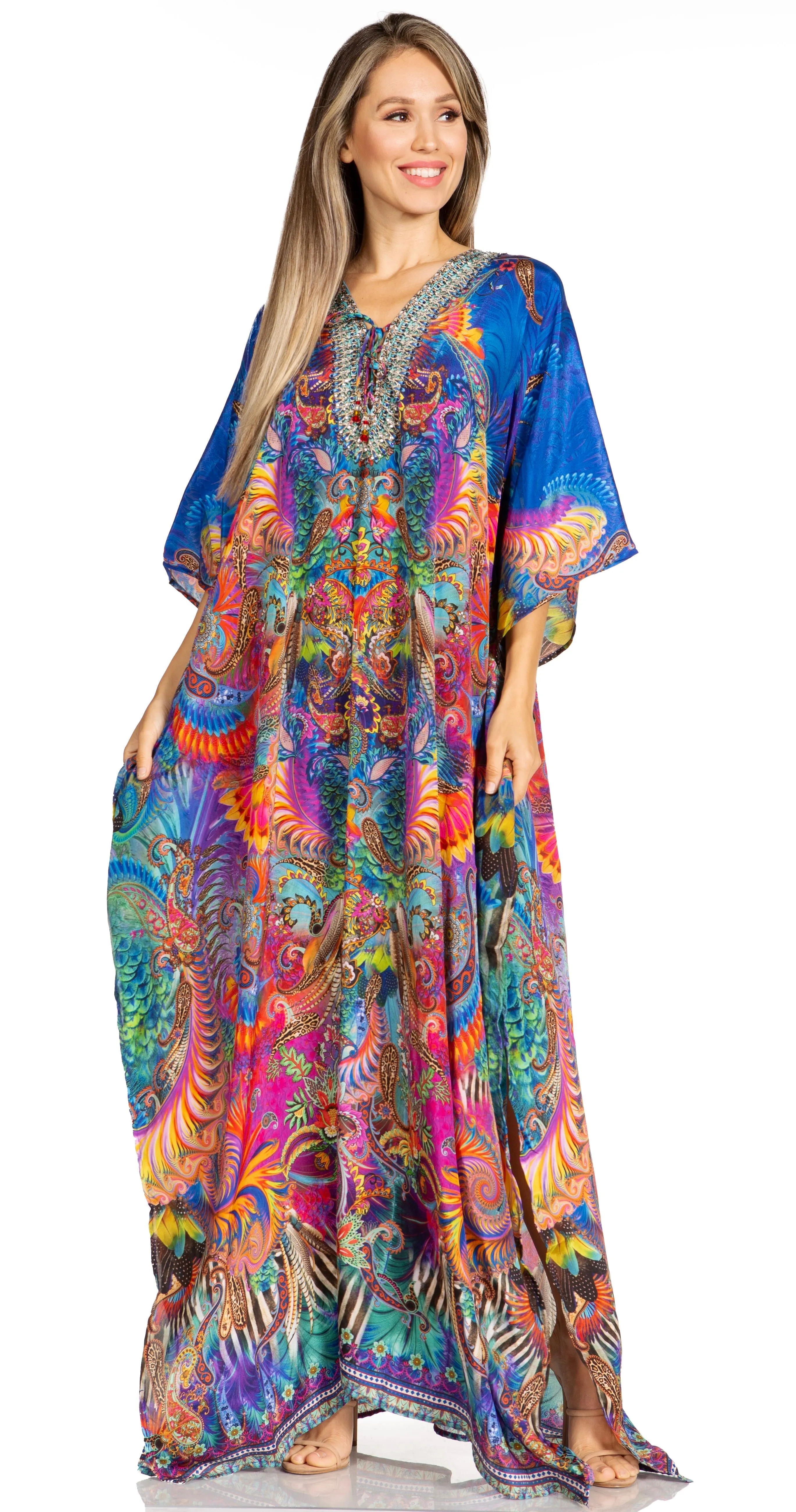 Sakkas Yeni Women's Short Sleeve V-neck Summer Floral Long Caftan Dress Cover-up