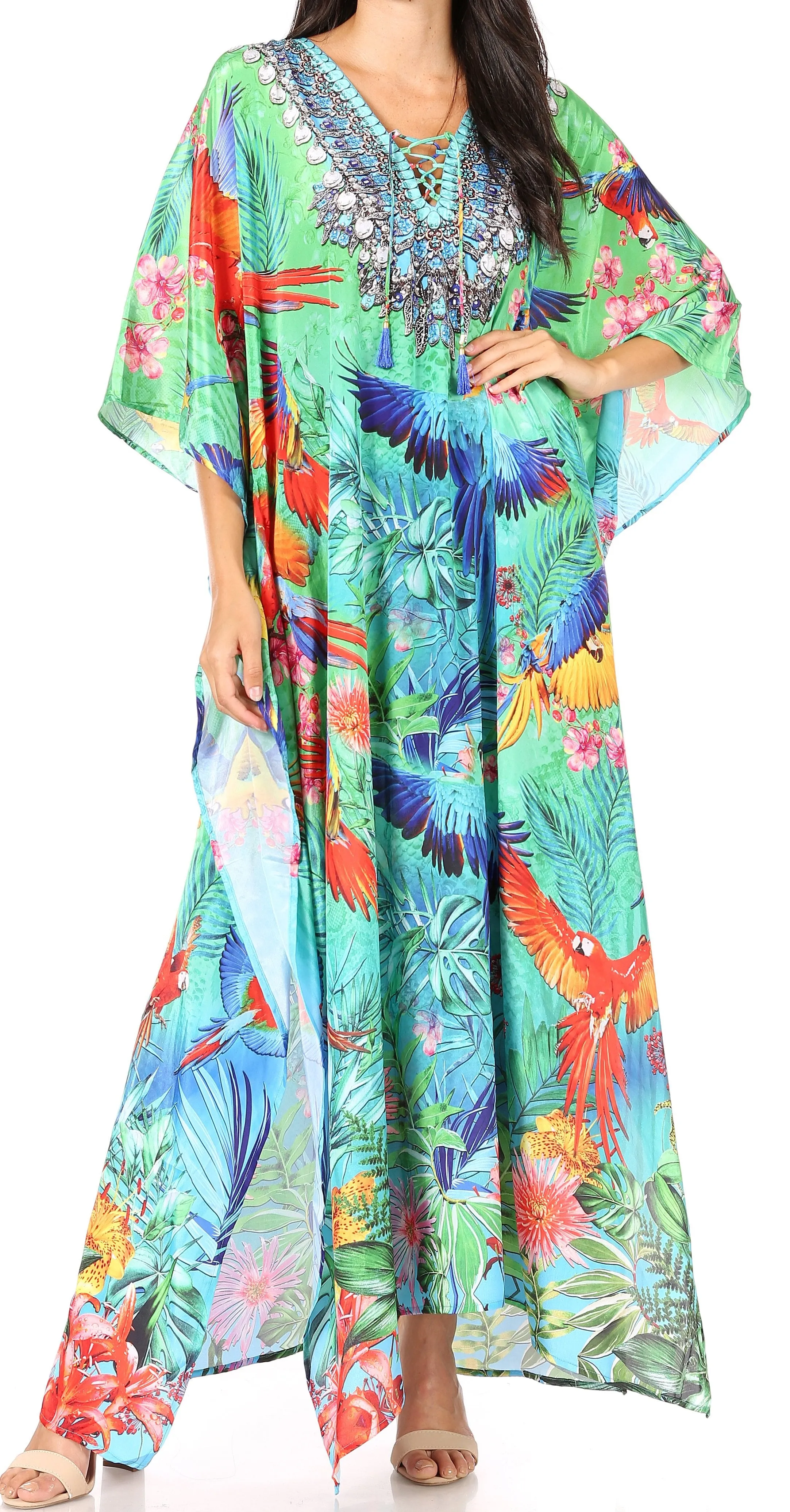 Sakkas Yeni Women's Short Sleeve V-neck Summer Floral Long Caftan Dress Cover-up