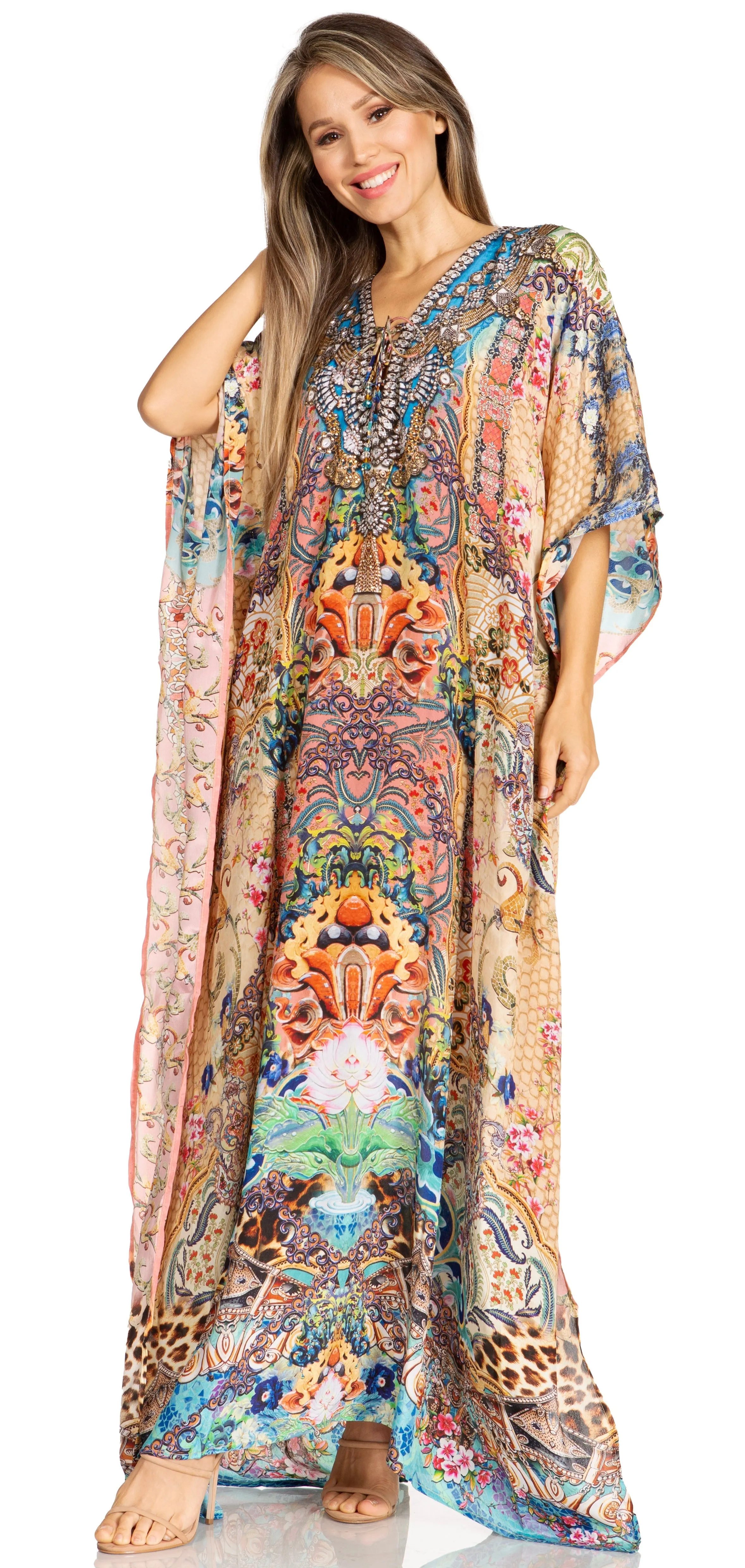 Sakkas Yeni Women's Short Sleeve V-neck Summer Floral Long Caftan Dress Cover-up