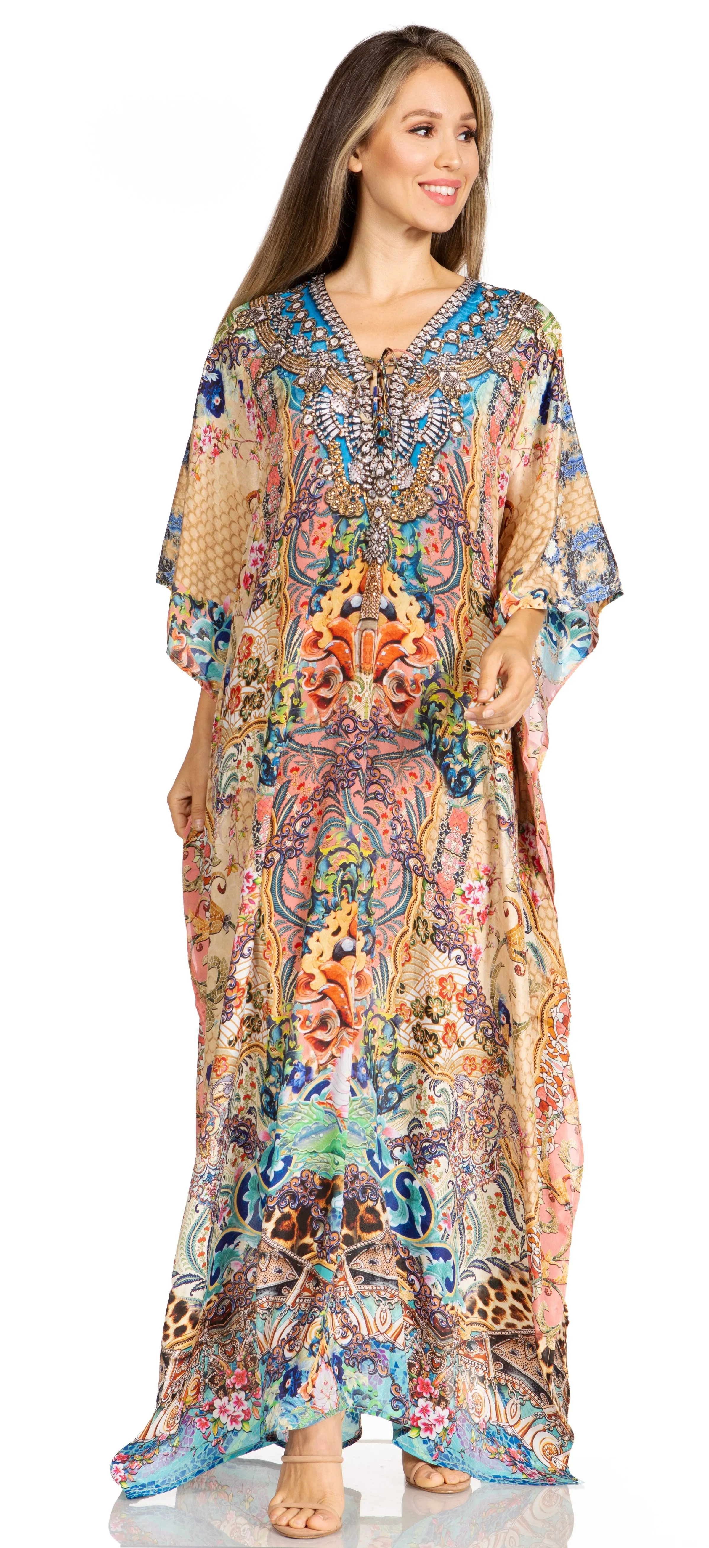 Sakkas Yeni Women's Short Sleeve V-neck Summer Floral Long Caftan Dress Cover-up