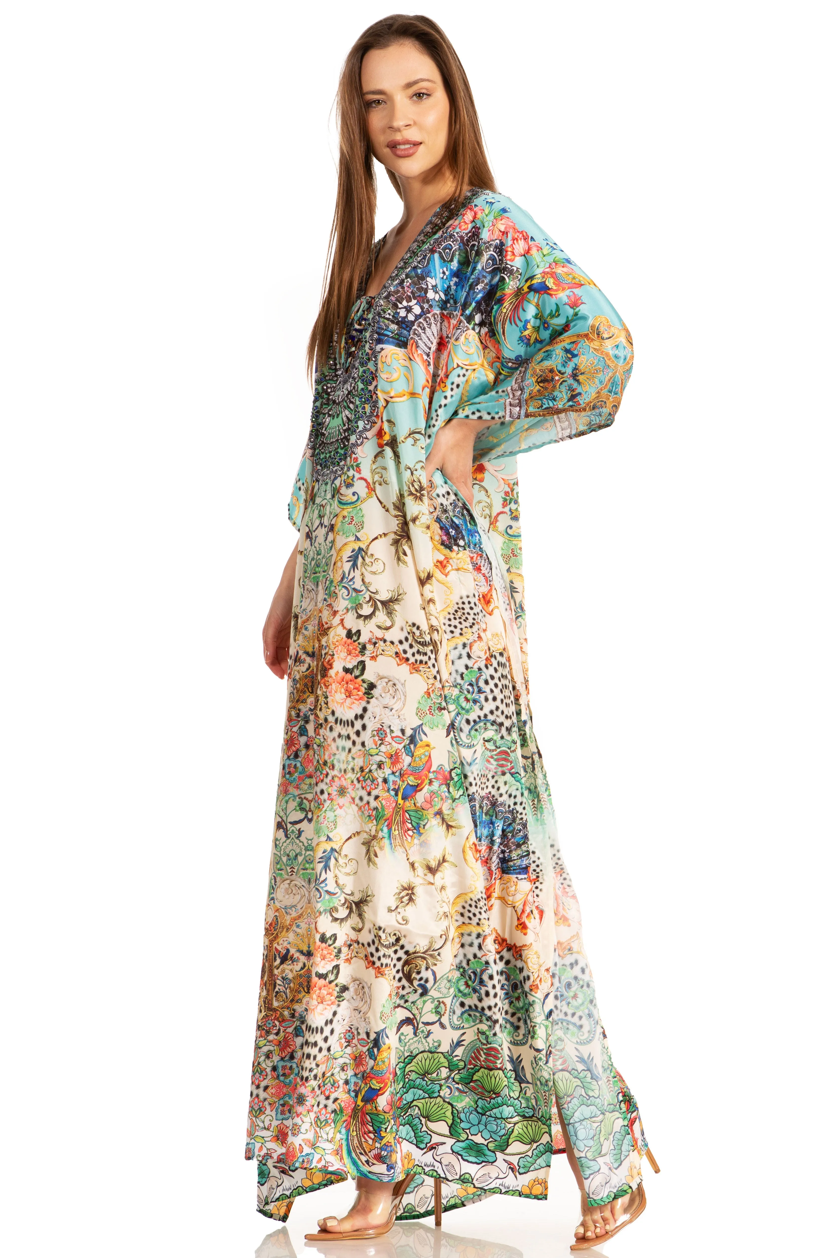 Sakkas Yeni Women's Short Sleeve V-neck Summer Floral Long Caftan Dress Cover-up