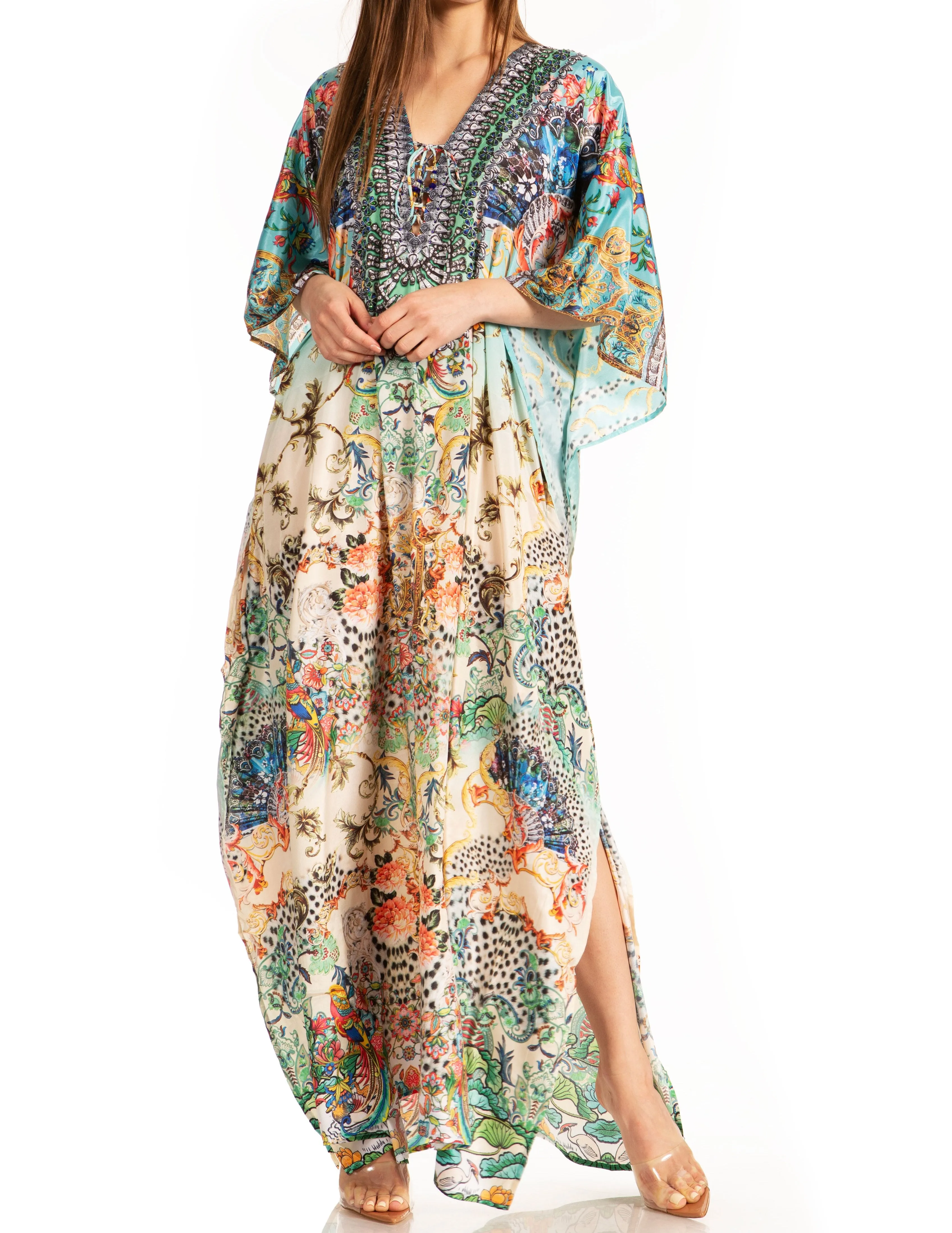 Sakkas Yeni Women's Short Sleeve V-neck Summer Floral Long Caftan Dress Cover-up