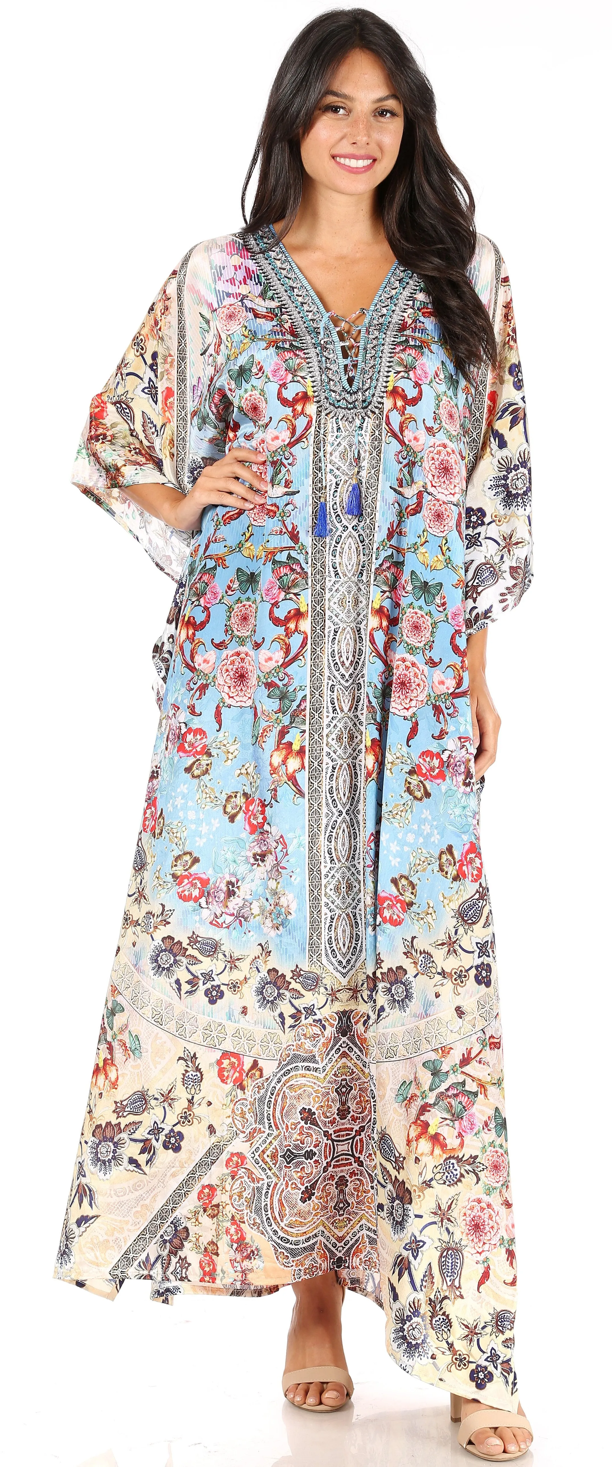 Sakkas Yeni Women's Short Sleeve V-neck Summer Floral Long Caftan Dress Cover-up