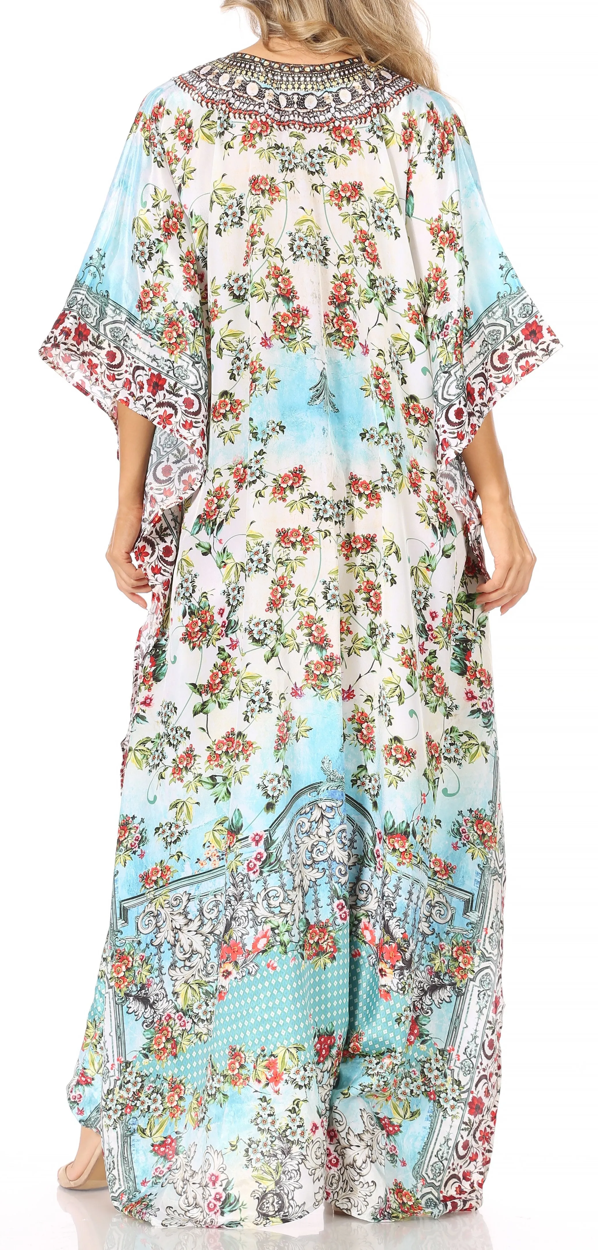 Sakkas Yeni Women's Short Sleeve V-neck Summer Floral Long Caftan Dress Cover-up