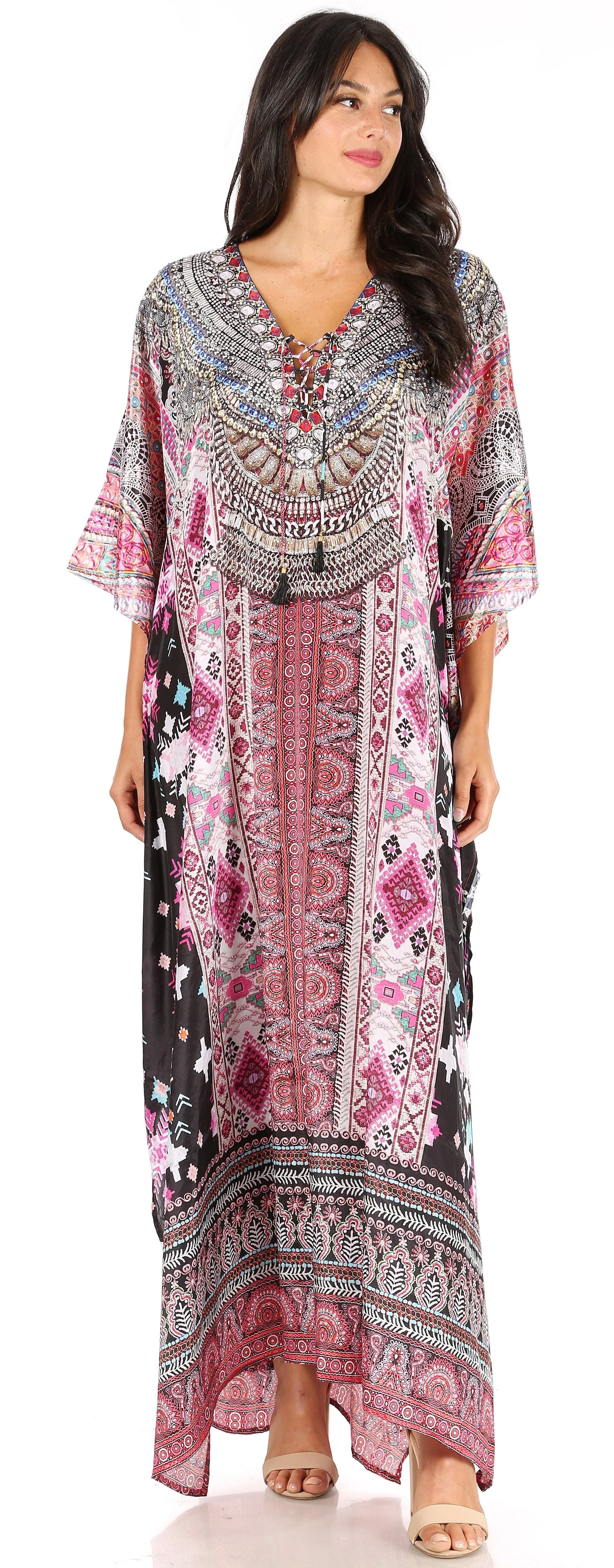 Sakkas Yeni Women's Short Sleeve V-neck Summer Floral Long Caftan Dress Cover-up