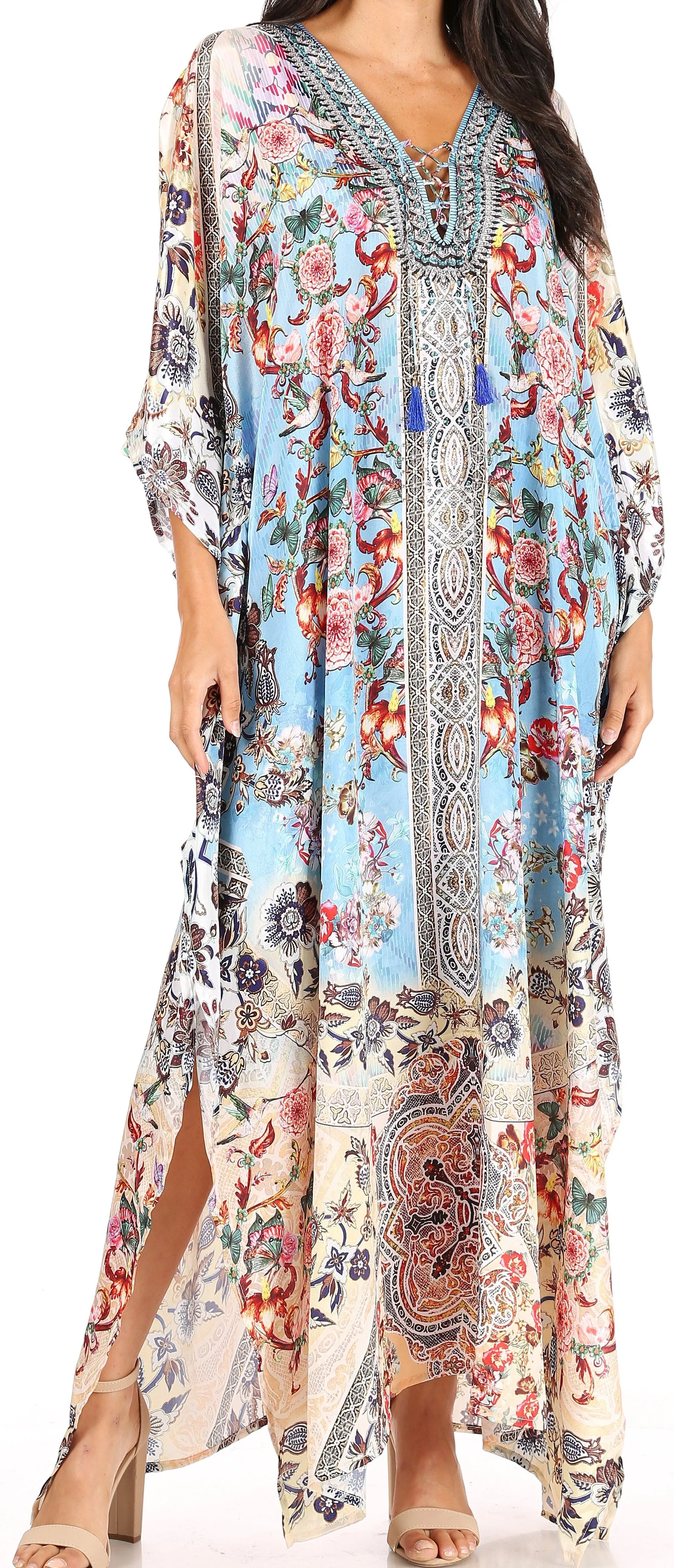 Sakkas Yeni Women's Short Sleeve V-neck Summer Floral Long Caftan Dress Cover-up