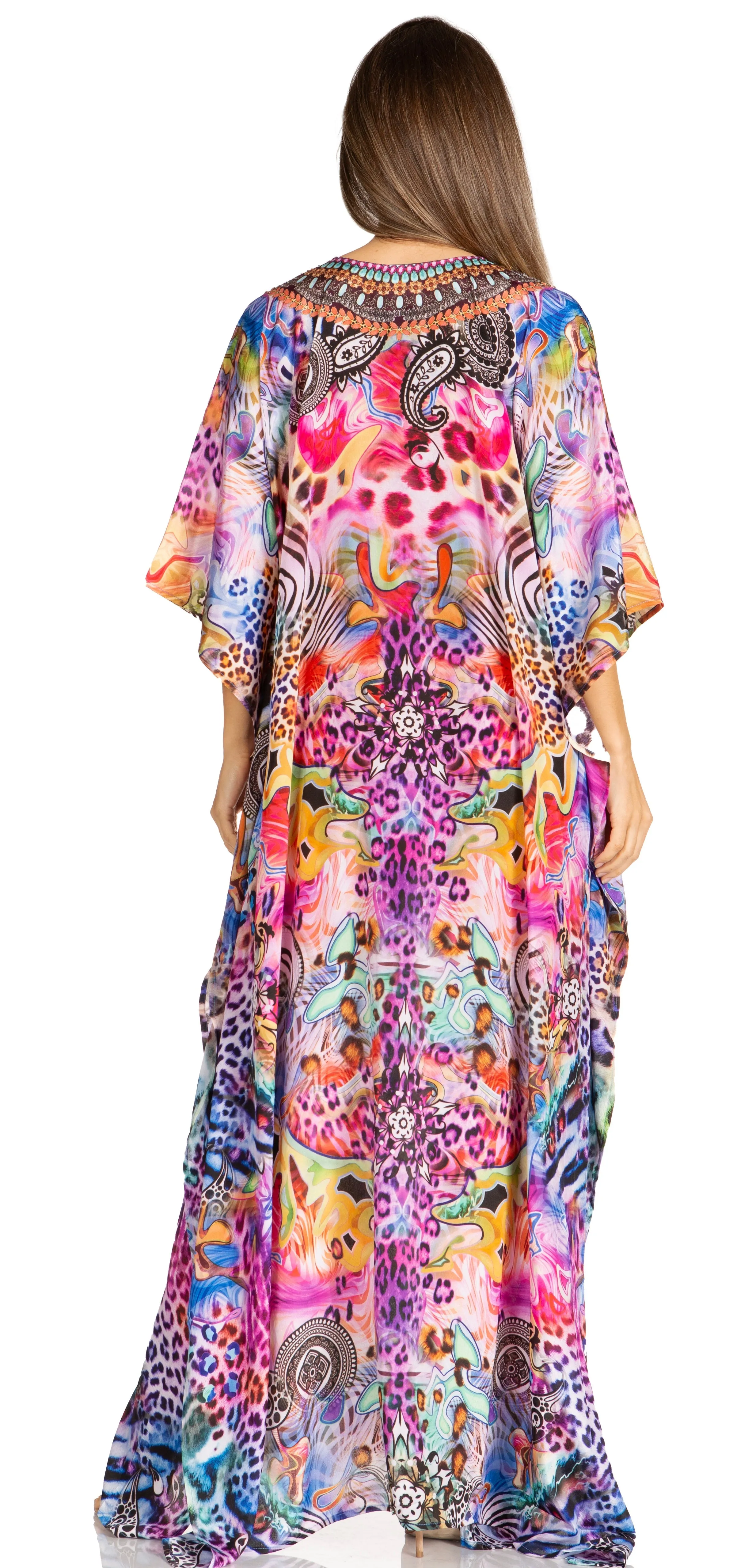 Sakkas Yeni Women's Short Sleeve V-neck Summer Floral Long Caftan Dress Cover-up