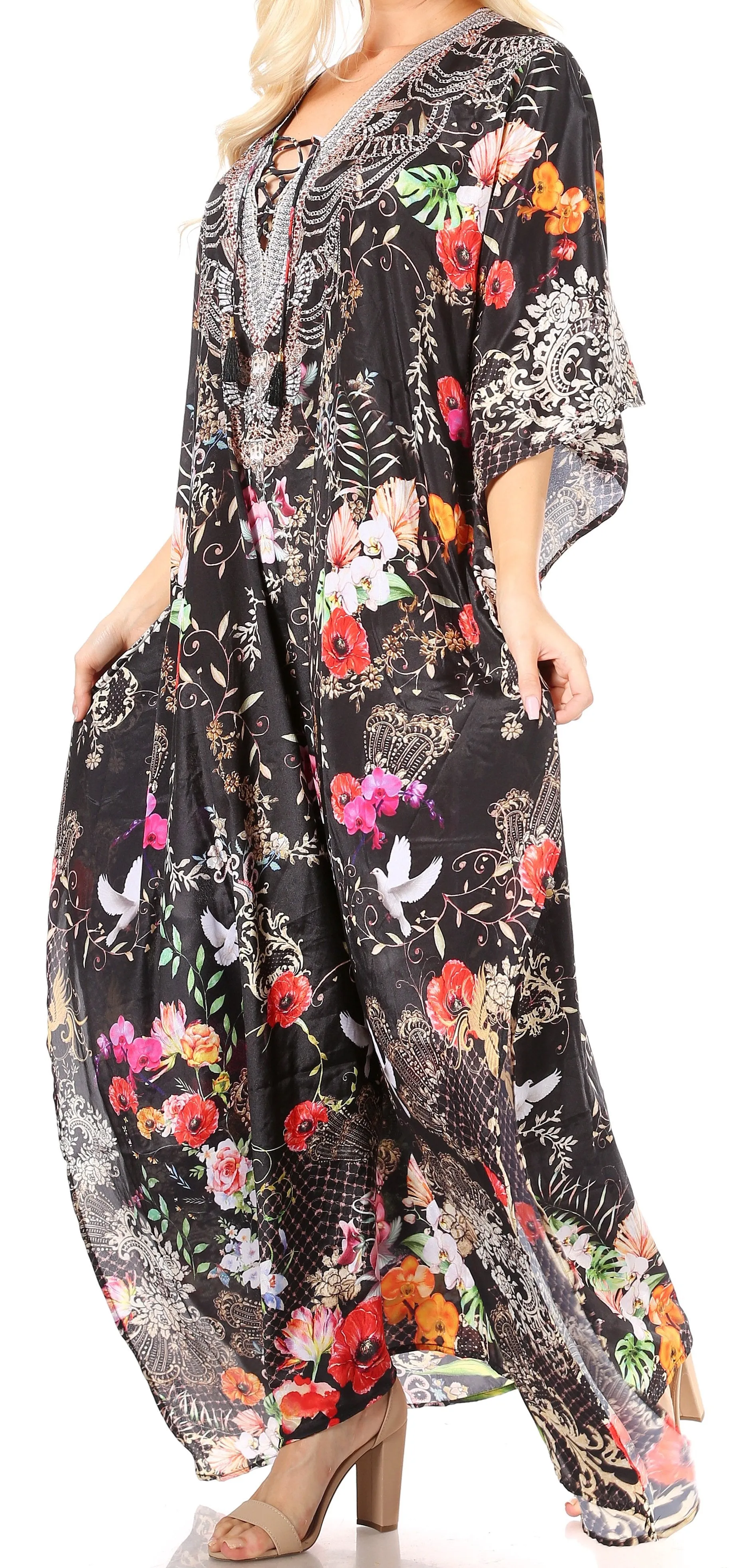 Sakkas Yeni Women's Short Sleeve V-neck Summer Floral Long Caftan Dress Cover-up