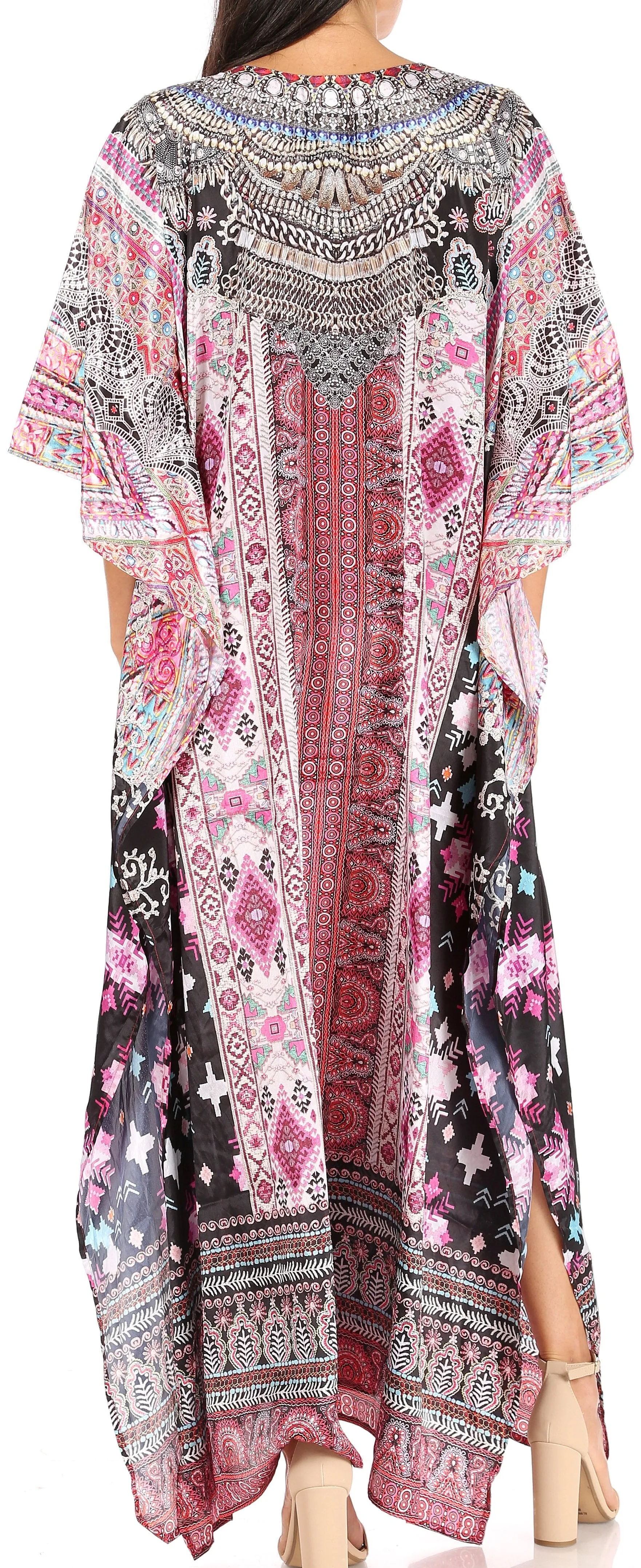 Sakkas Yeni Women's Short Sleeve V-neck Summer Floral Long Caftan Dress Cover-up