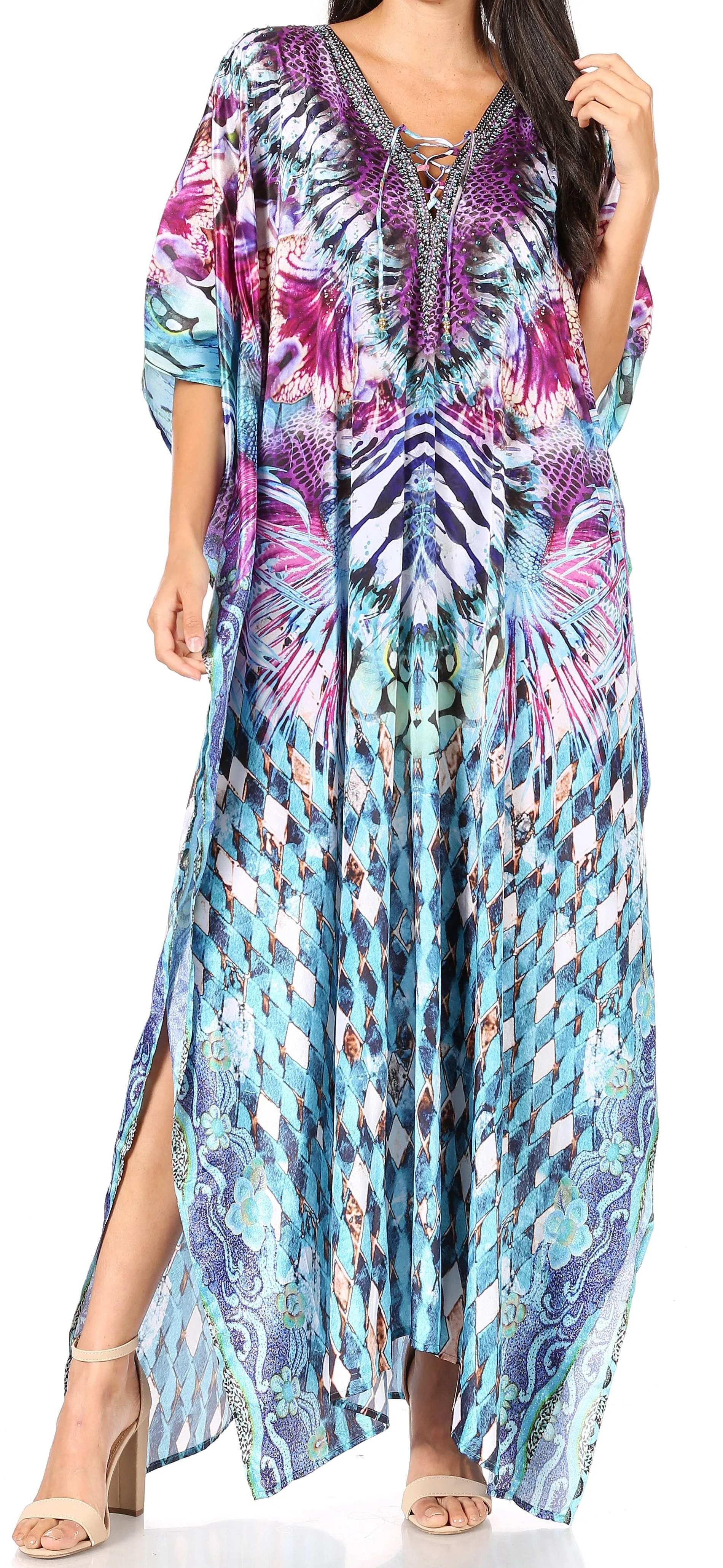 Sakkas Yeni Women's Short Sleeve V-neck Summer Floral Long Caftan Dress Cover-up