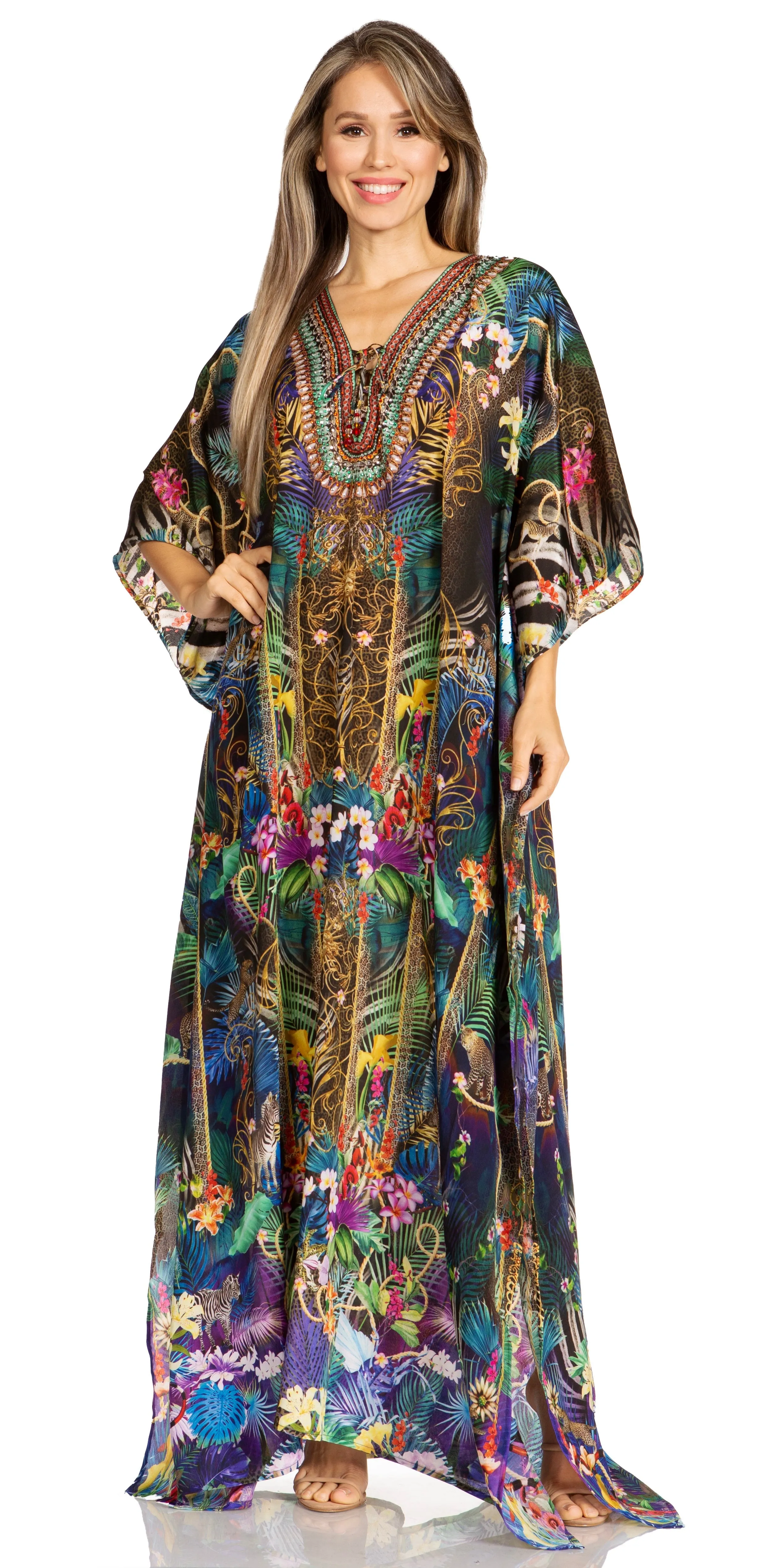 Sakkas Yeni Women's Short Sleeve V-neck Summer Floral Long Caftan Dress Cover-up