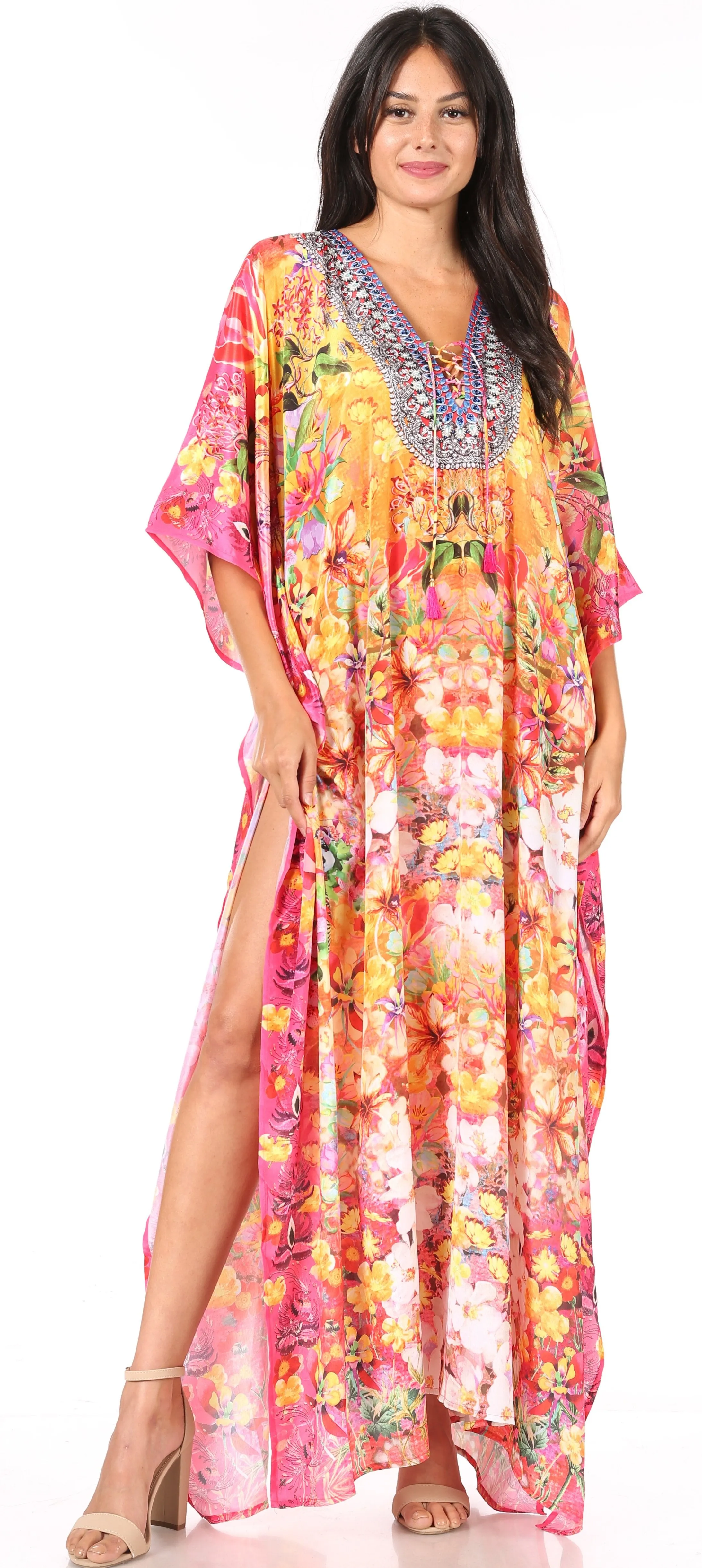 Sakkas Yeni Women's Short Sleeve V-neck Summer Floral Long Caftan Dress Cover-up