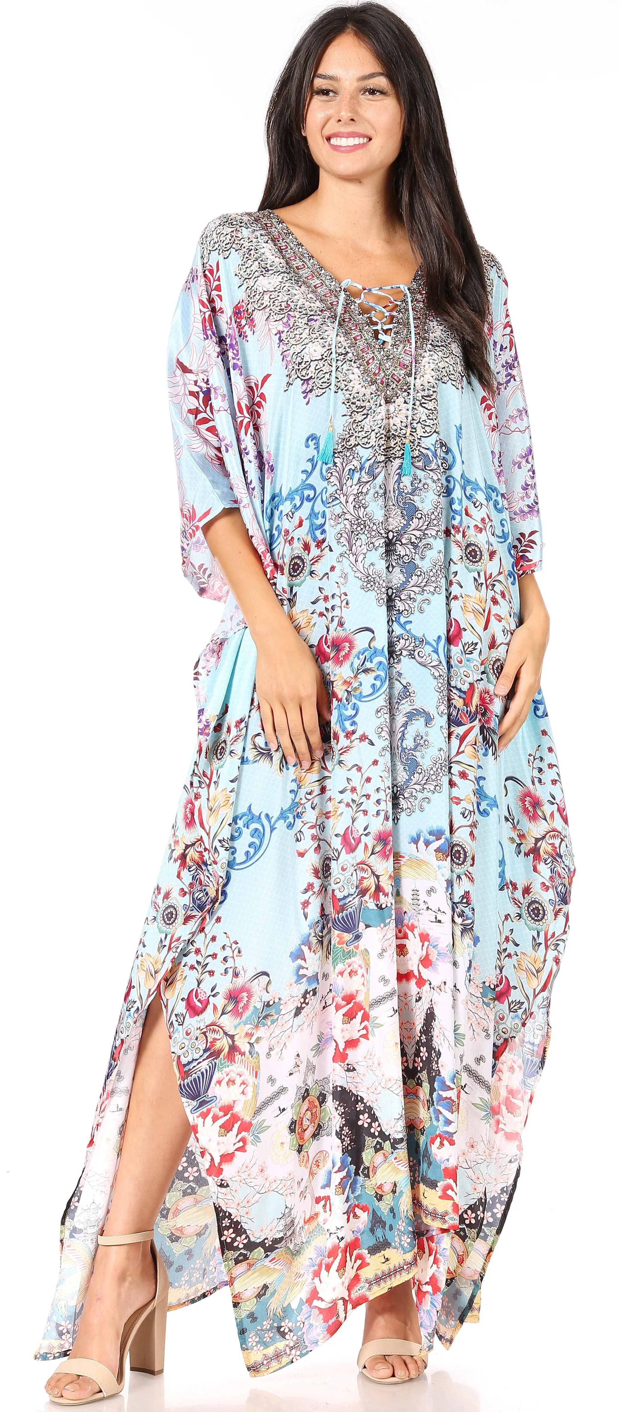 Sakkas Yeni Women's Short Sleeve V-neck Summer Floral Long Caftan Dress Cover-up