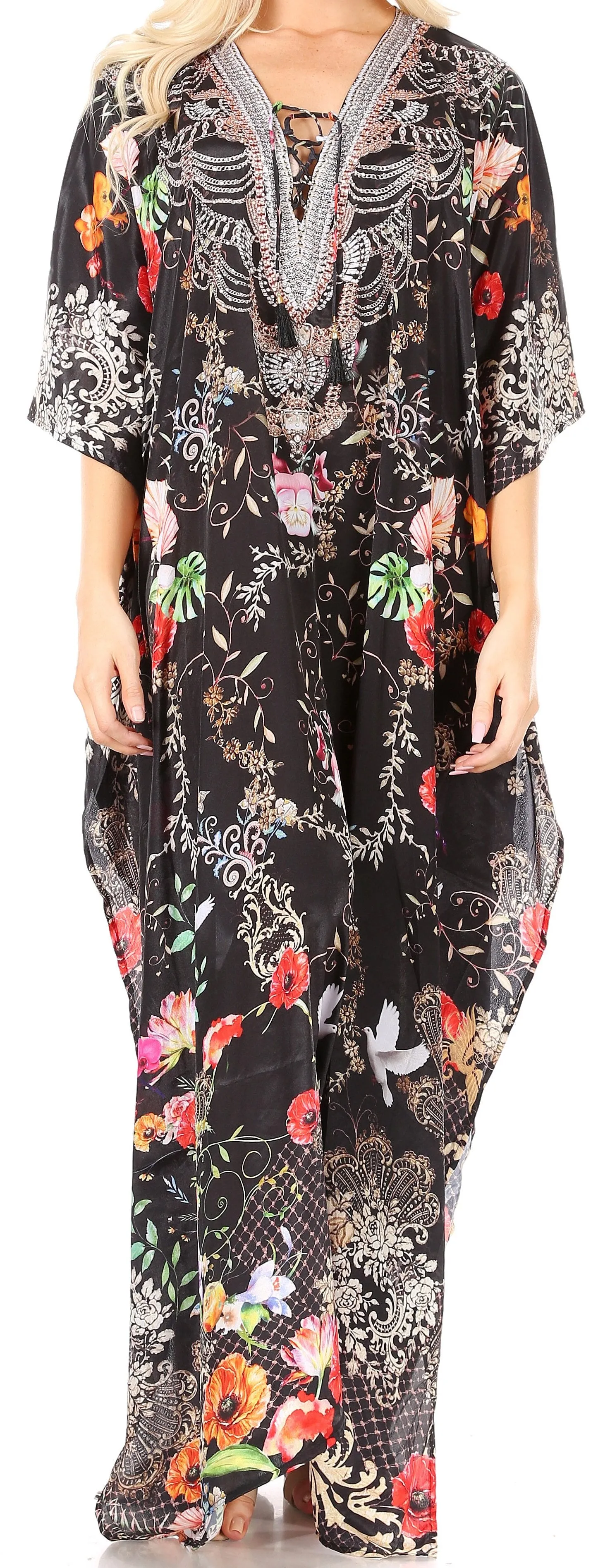 Sakkas Yeni Women's Short Sleeve V-neck Summer Floral Long Caftan Dress Cover-up